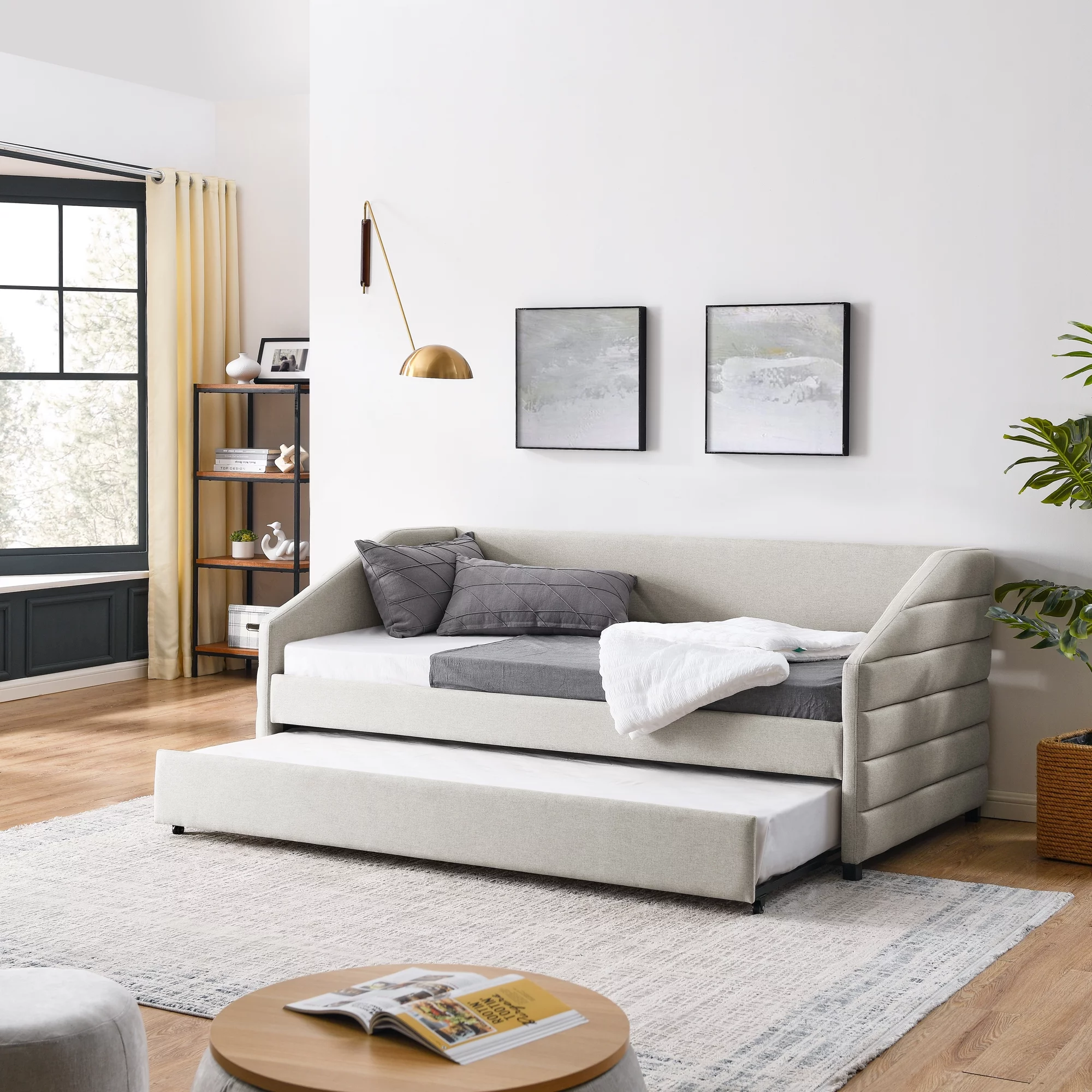 Twin Size Daybed with Trundle Upholstered Tufted Sofa Bed, Linen Fabric, Beige (82.5