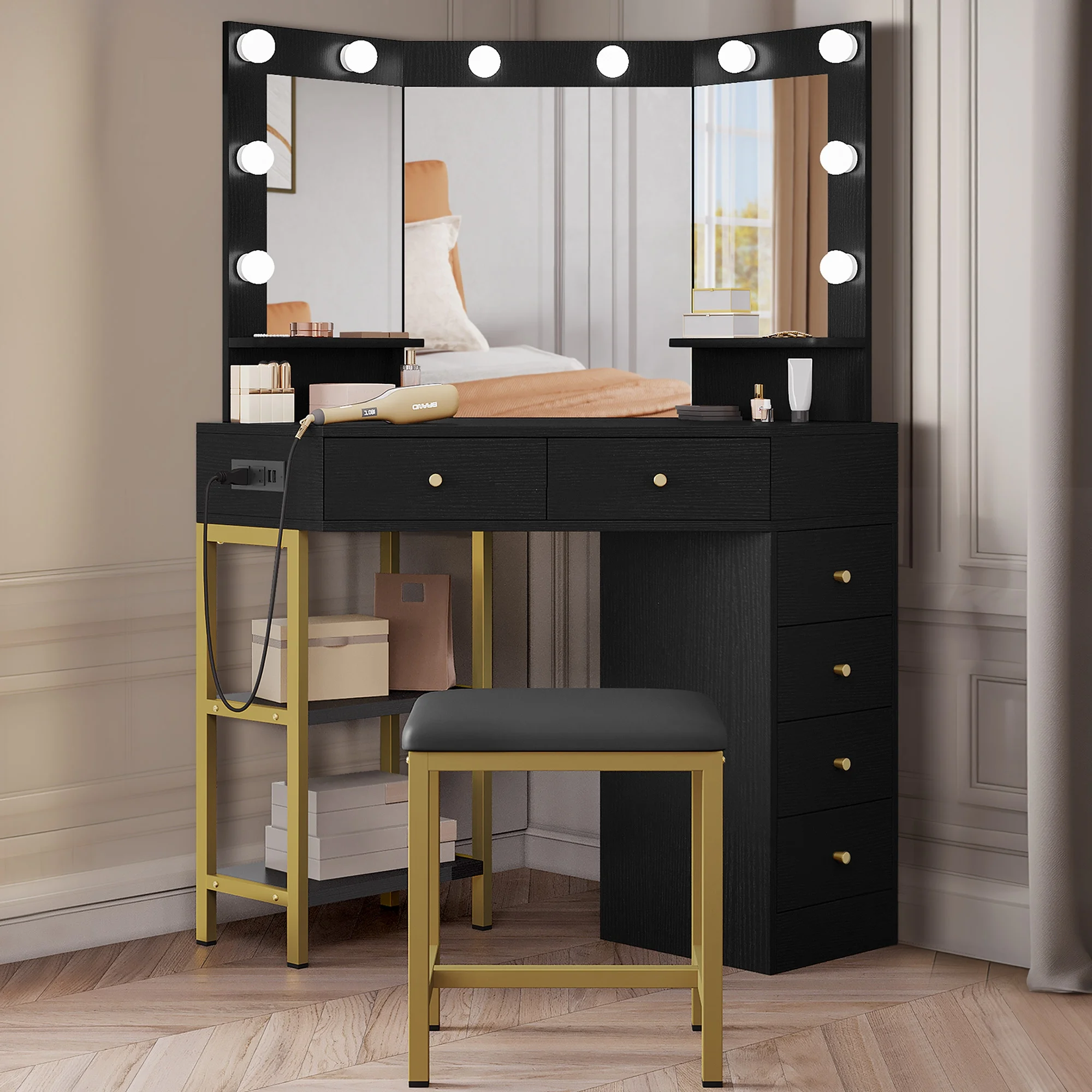 DWVO Corner Vanity Desk With Lights & Mirror, Makeup Vanity with Shelf & 6 Drawers, Vanity Dressing Table for Makeup,Modern Desk Vanity for Bedroom, Black