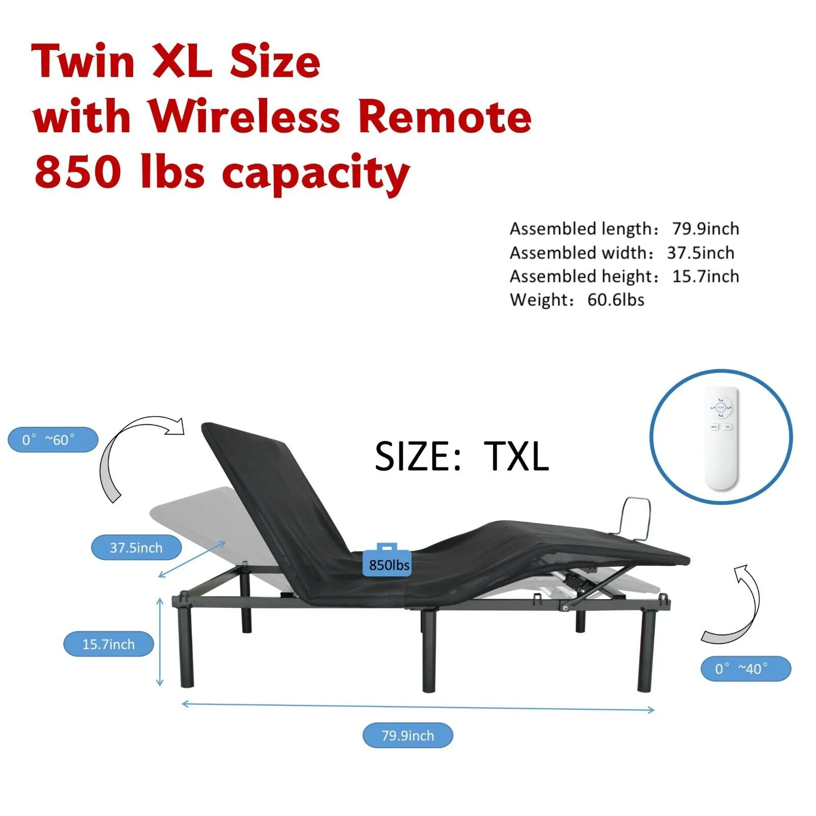 Twin XL Bed Base Ergonomic w Wireless Remote Control,Head&Foot Adjust, w 2 Motors