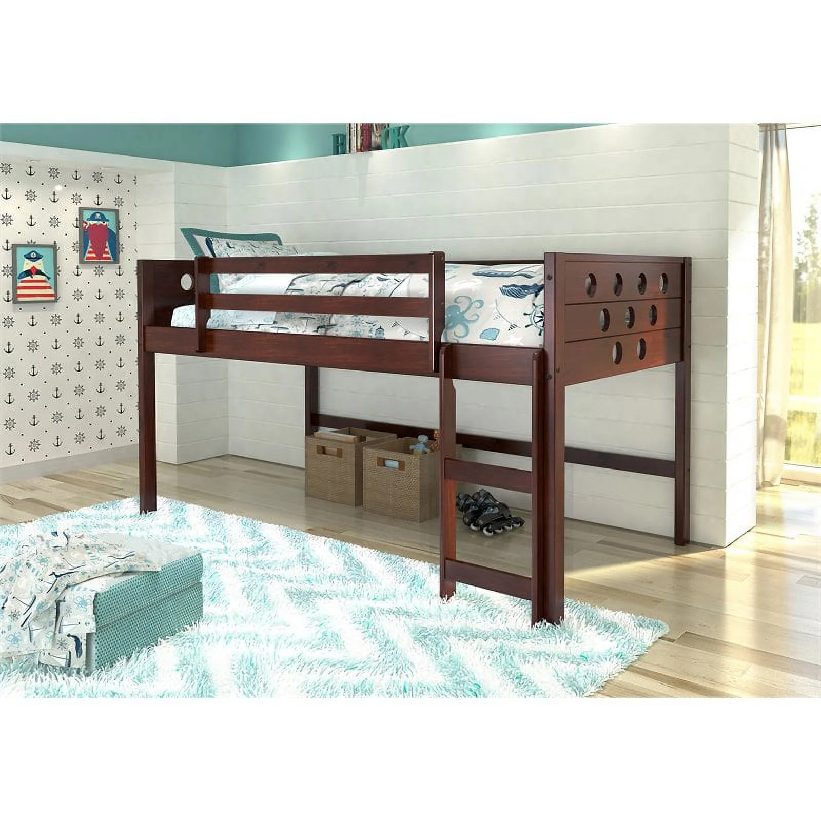 Donco Kids Circles Twin Wooden Low Loft Bed in Cappuccino