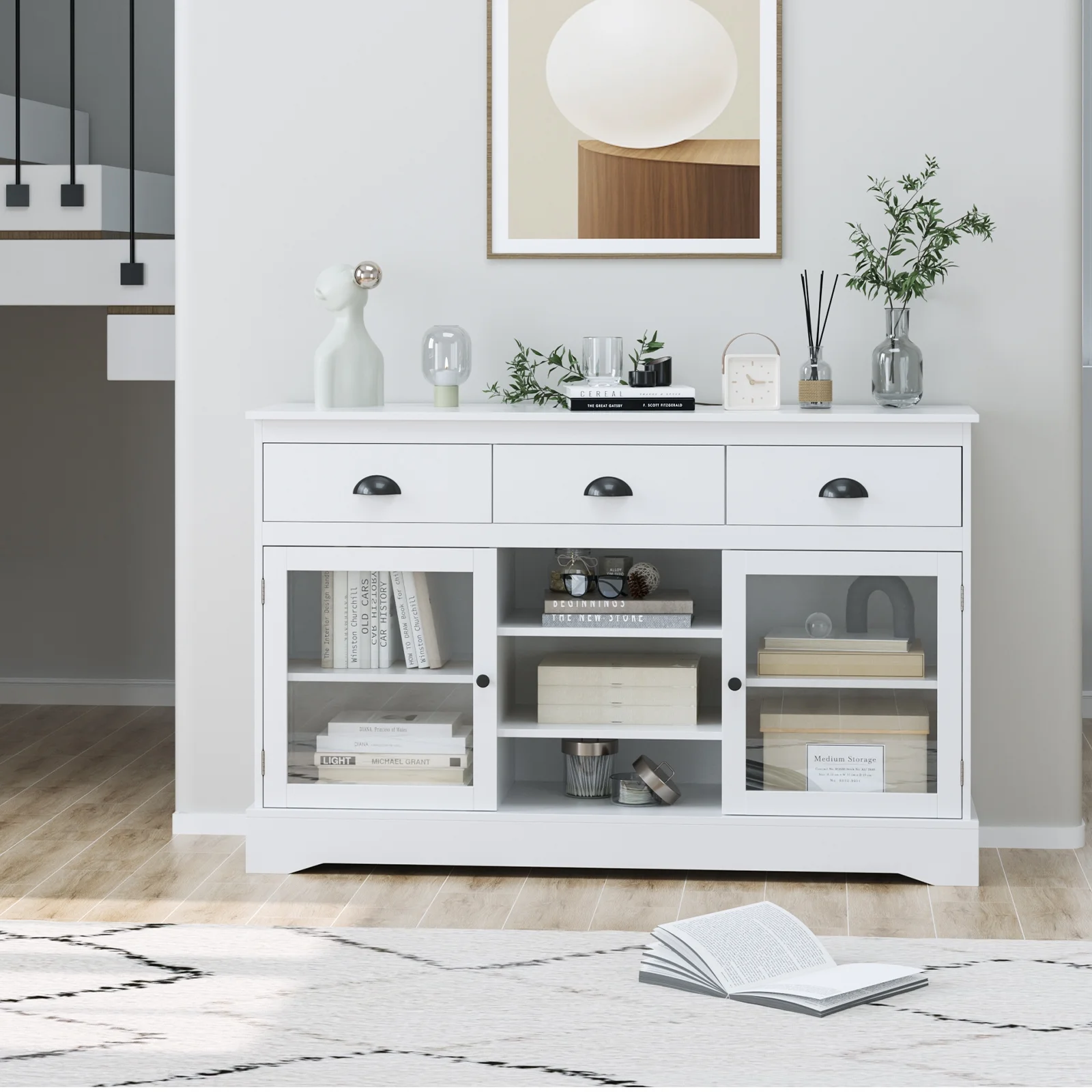 Homfa Sideboard Buffet, 53'' Wide Kitchen Cupboard Storage Cabinet with 3 Drawers, White