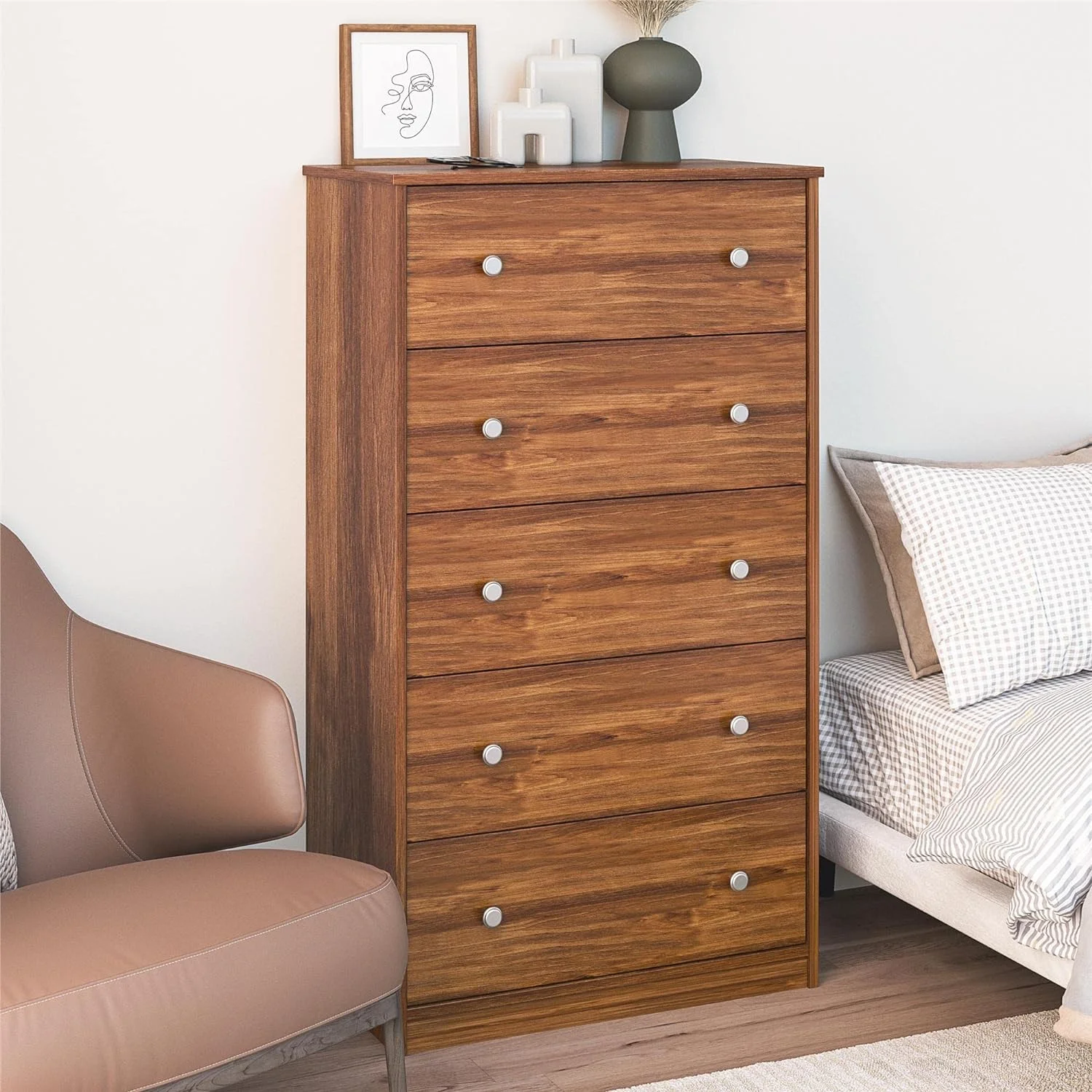 Ameriwood  Ellwyn Tall 5 Drawer Dresser in Brown Oak