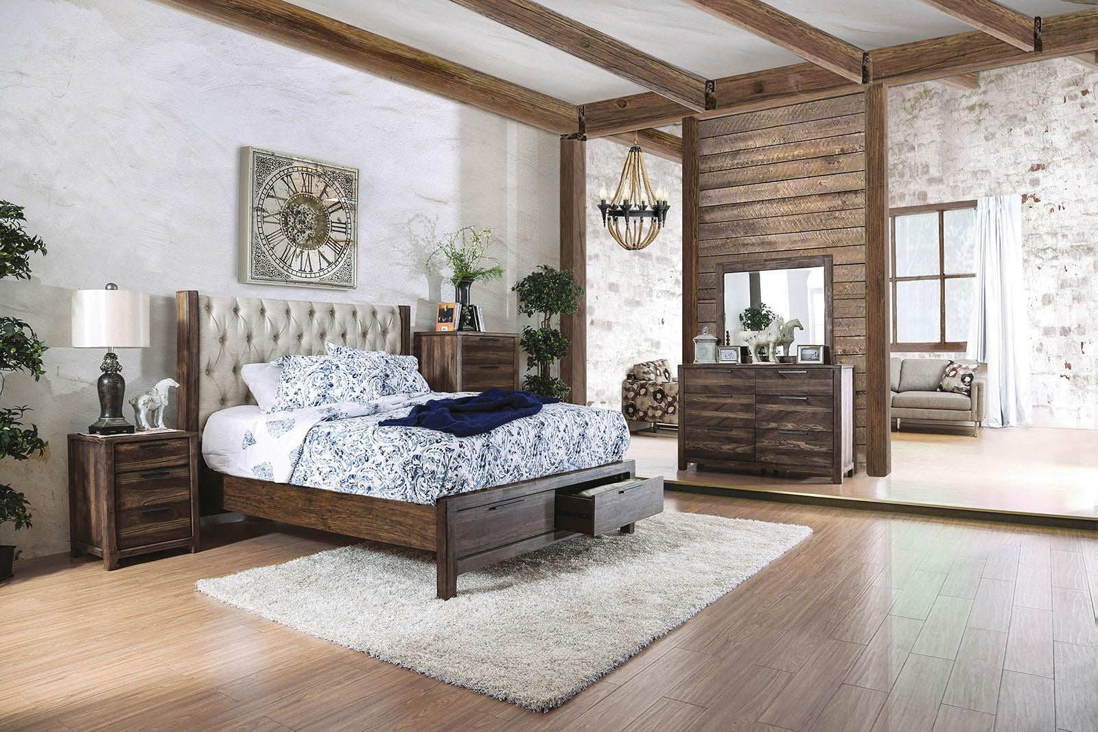 Rustic Natural Solid Wood Queen Bedroom Set 6pcs FOA CM7577DR-Q Hutchinson