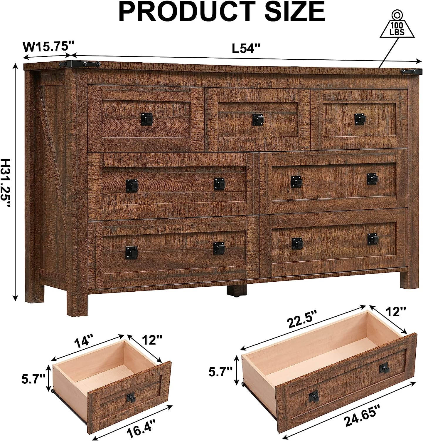 Farmhouse 6 Drawers Dresser Chests for Bedroom Wood Rustic Wide Chset of Drawers Storage Dressers Organizer for Bedroom Living Room Hallway Light Rustic Oak