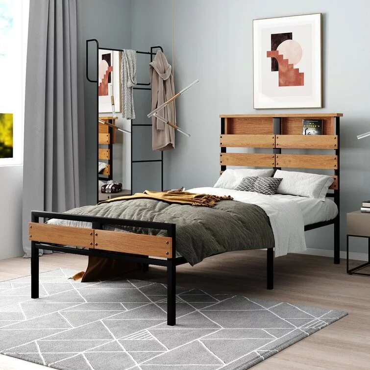 Metal and Wood Bed Frame with Headboard and Footboard ,Twin Size White