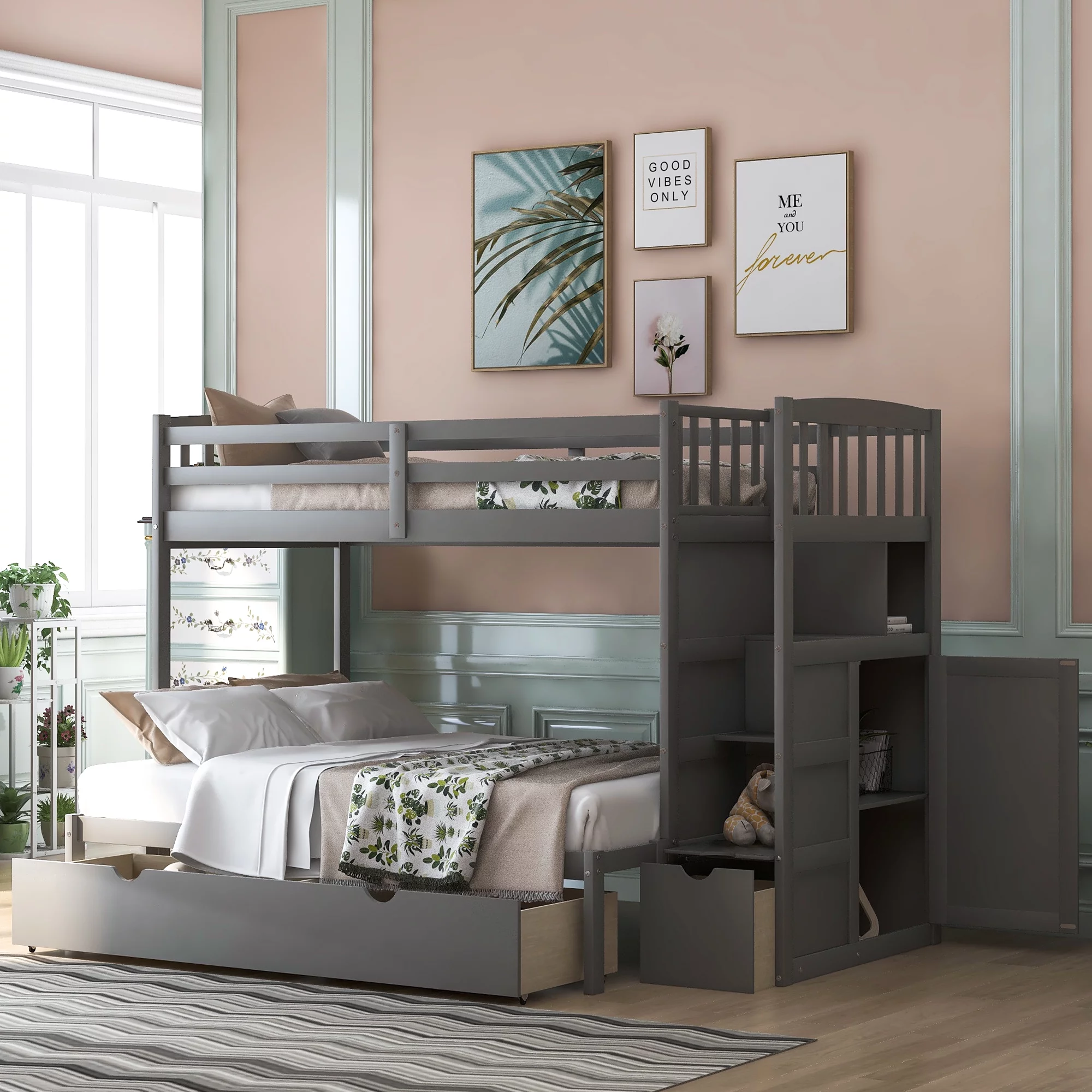 Euroco Twin over Twin or Twin over Full Bunk Bed with Drawers, Shelf and Storage Cabinet for Kids Bedroom, Covertible Lower Bed into Full Bed, Gray