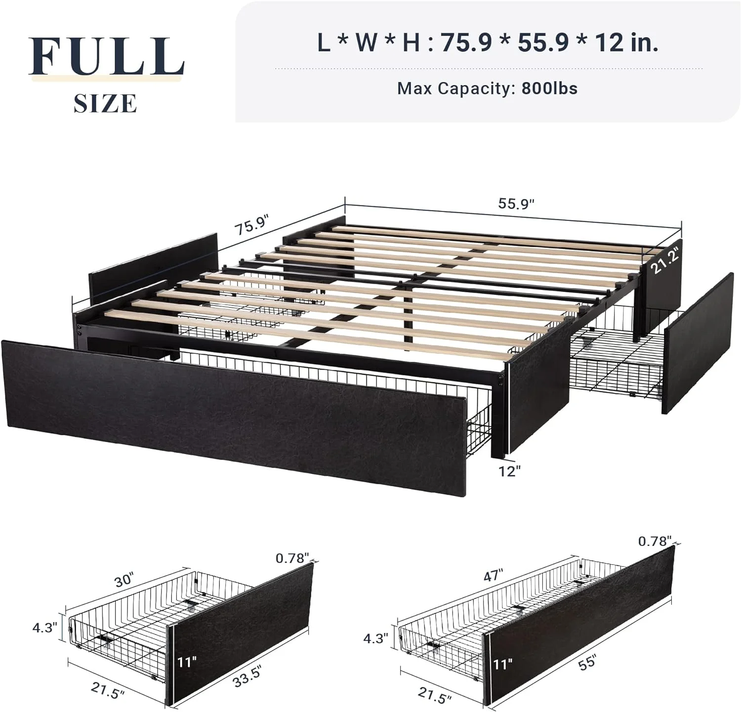 WAGEE Full Size Platform Bed Frame with 3 Storage Drawers, Faux Leather Upholstered, Wooden Slats Support, No Box Spring Needed, Easy Assembly, Black