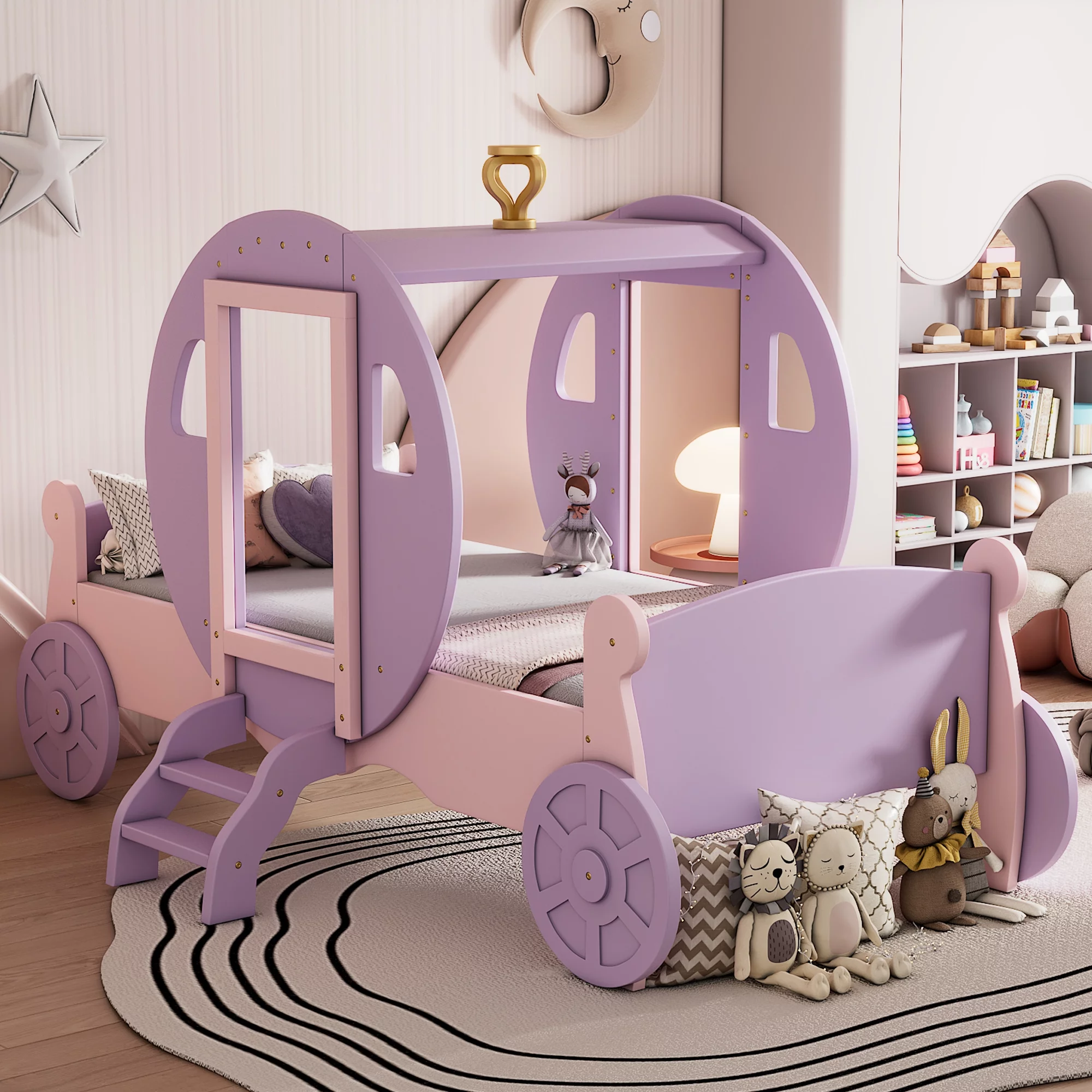 CoSoTower Twin size Princess Carriage Bed with Crown,Wood Platform Car Bed with Stair,Purple+Pink