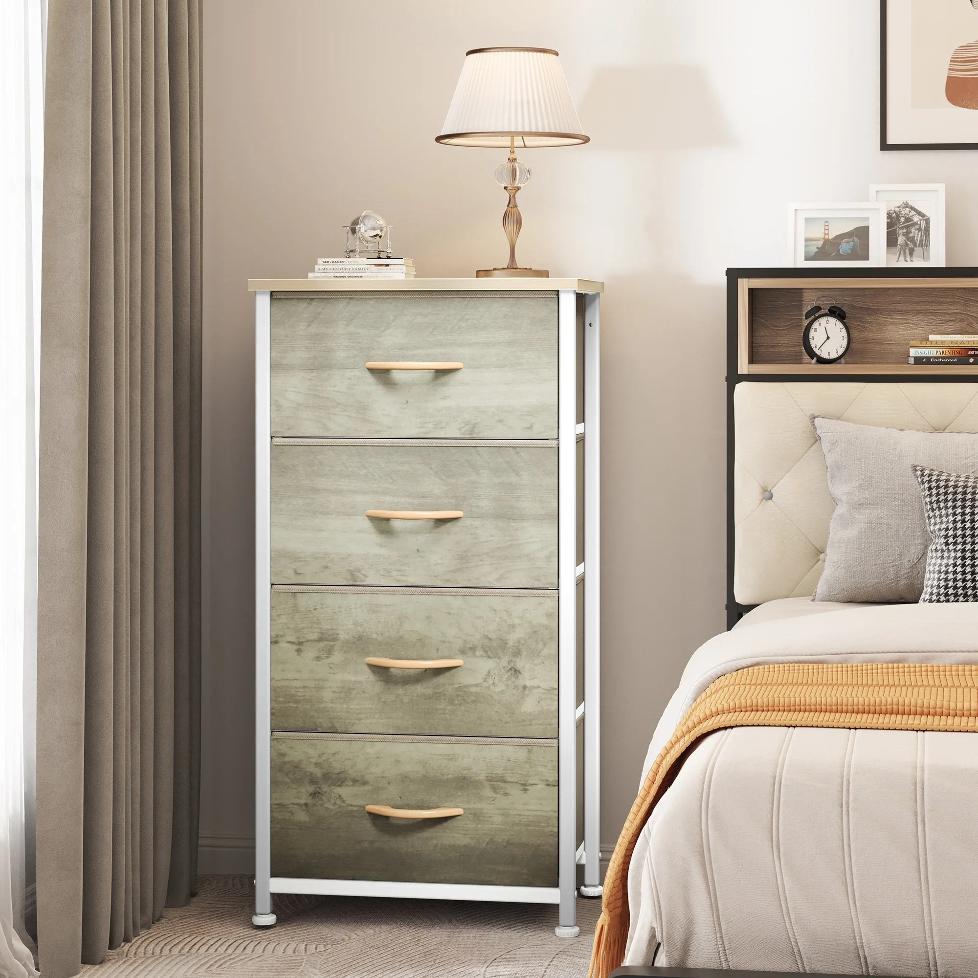 Modern Wide Dresser Storage Tower with 4 Drawers Ntural Wood Tone