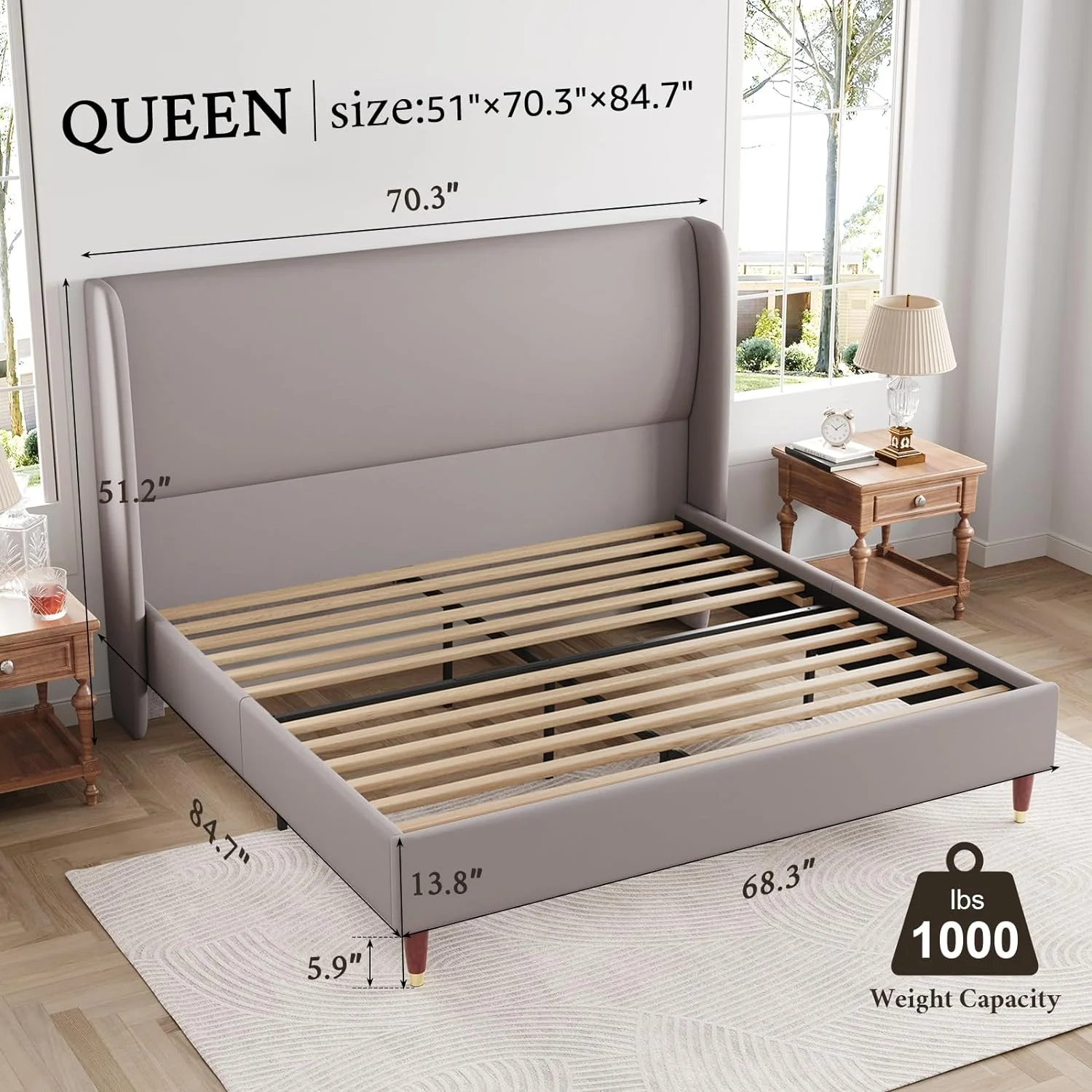 Jocisland Upholstered Bed Frame Queen Size Platform Bed with Wingback Headboard/No Box Spring Needed/Easy Assembly/Light Grey