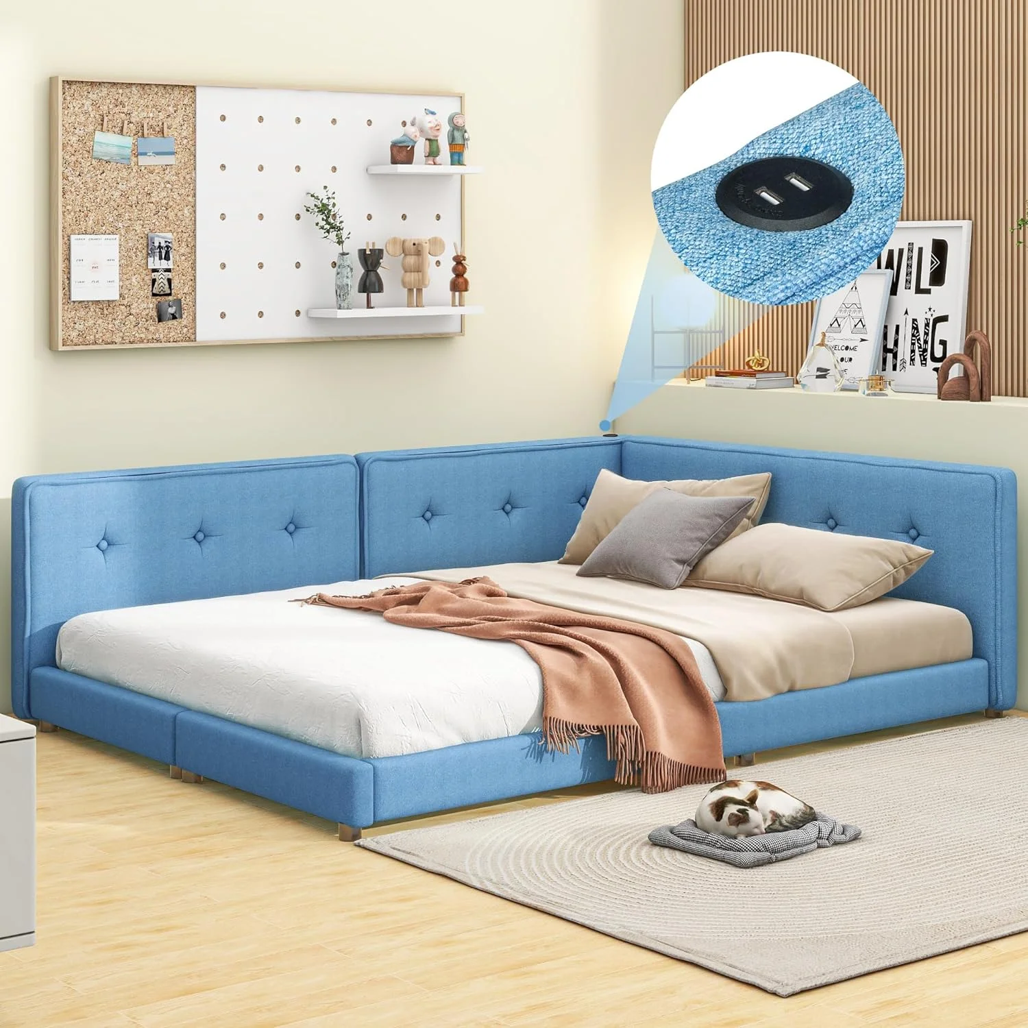 Full Size Daybed With USB Ports, Linen Upholstered Full Size Platform Bed With Wood Slats, Full Size Sofa Bed Frame For Living Room Bedroom (Full, Blue)