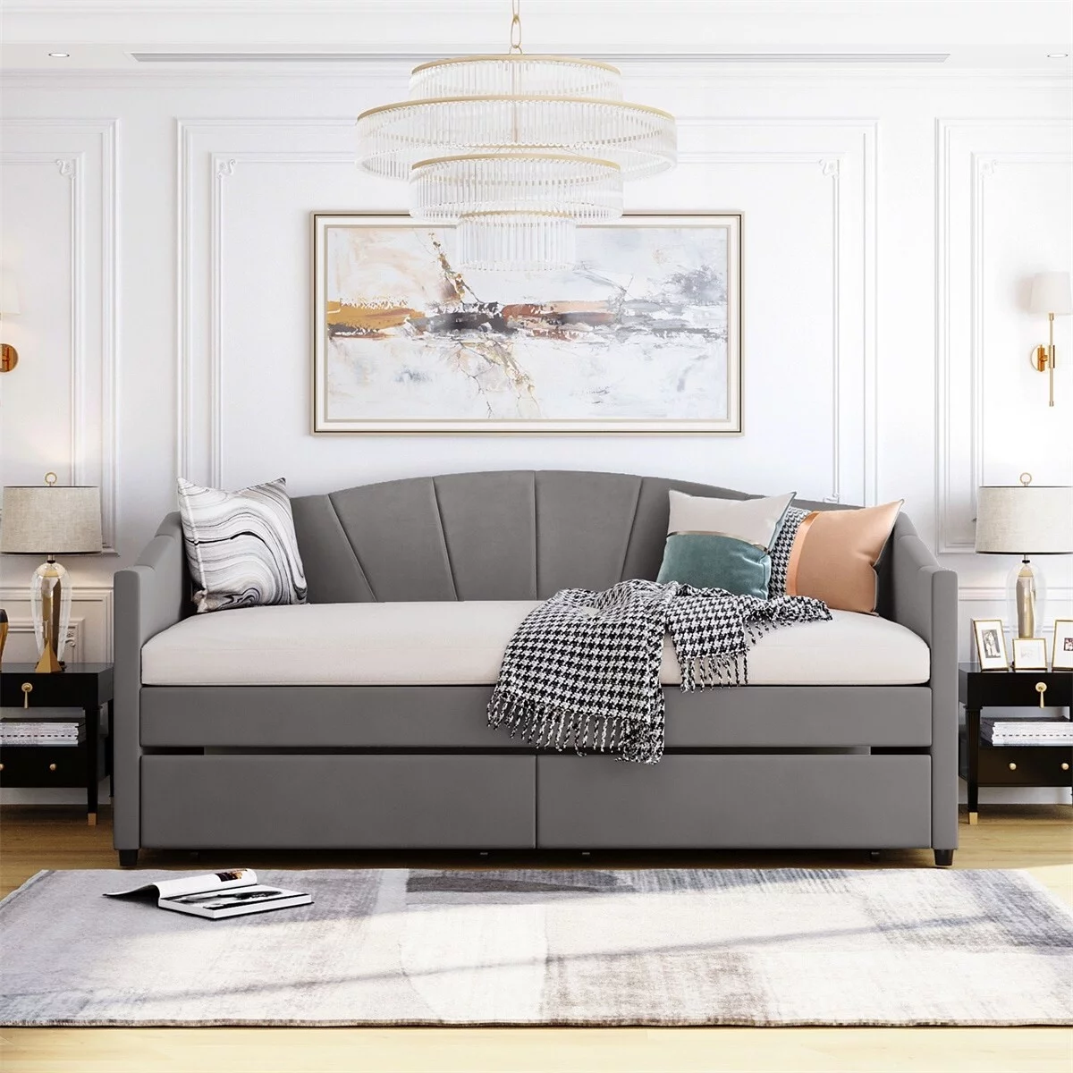 MERAX Twin Upholstered Daybed with 2 Drawers Blue