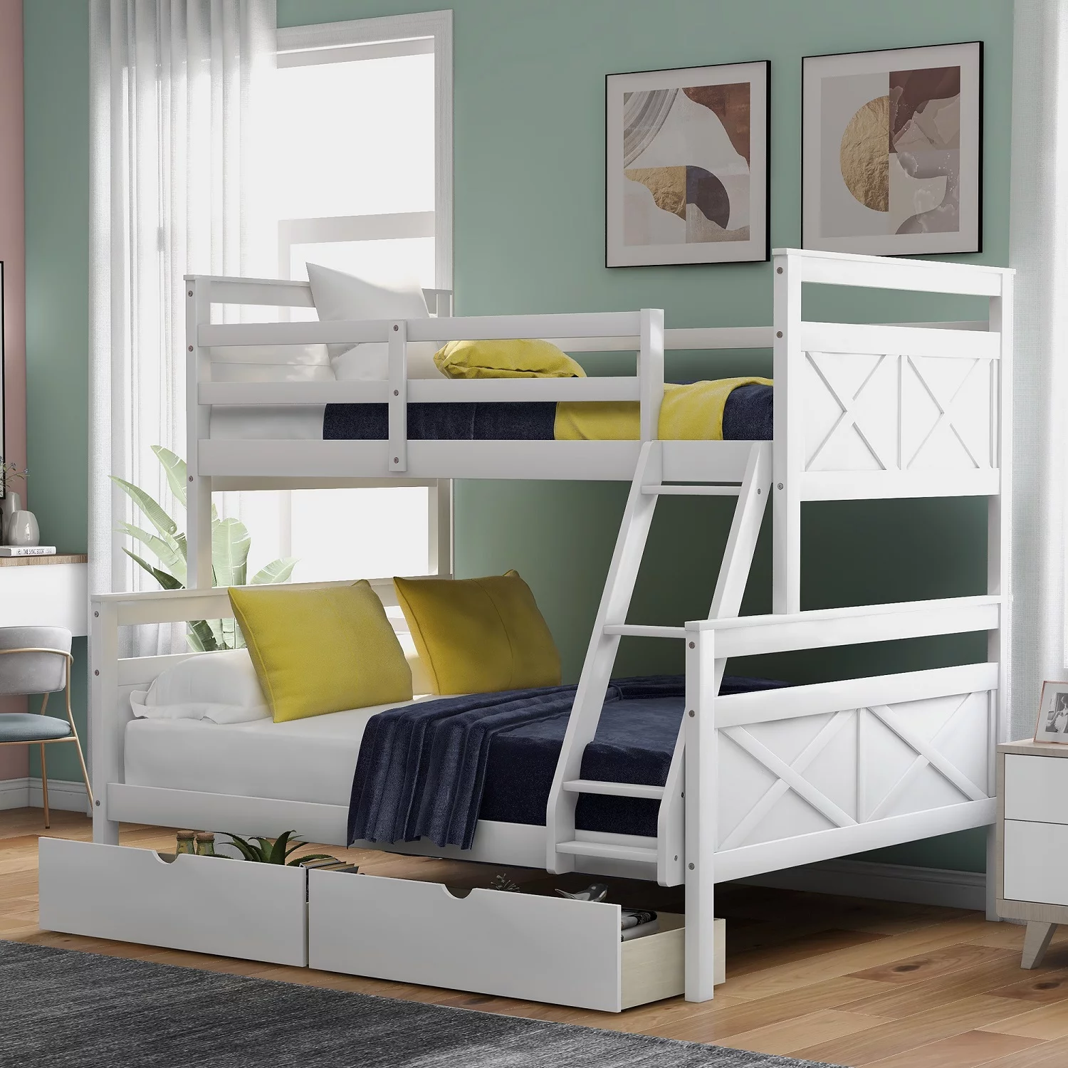 Solid Wood Bunk Beds Twin Over Full with Two Storage Drawers Ladder and Guard Rail Perfect for Kids Bedroom