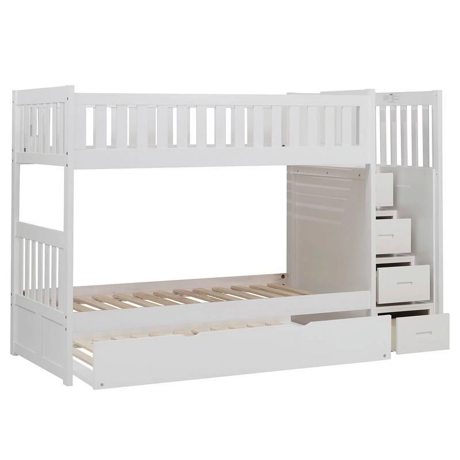 Pemberly Row Reversible Step Storage Wood Bunk Bed with Trundle Bed in White