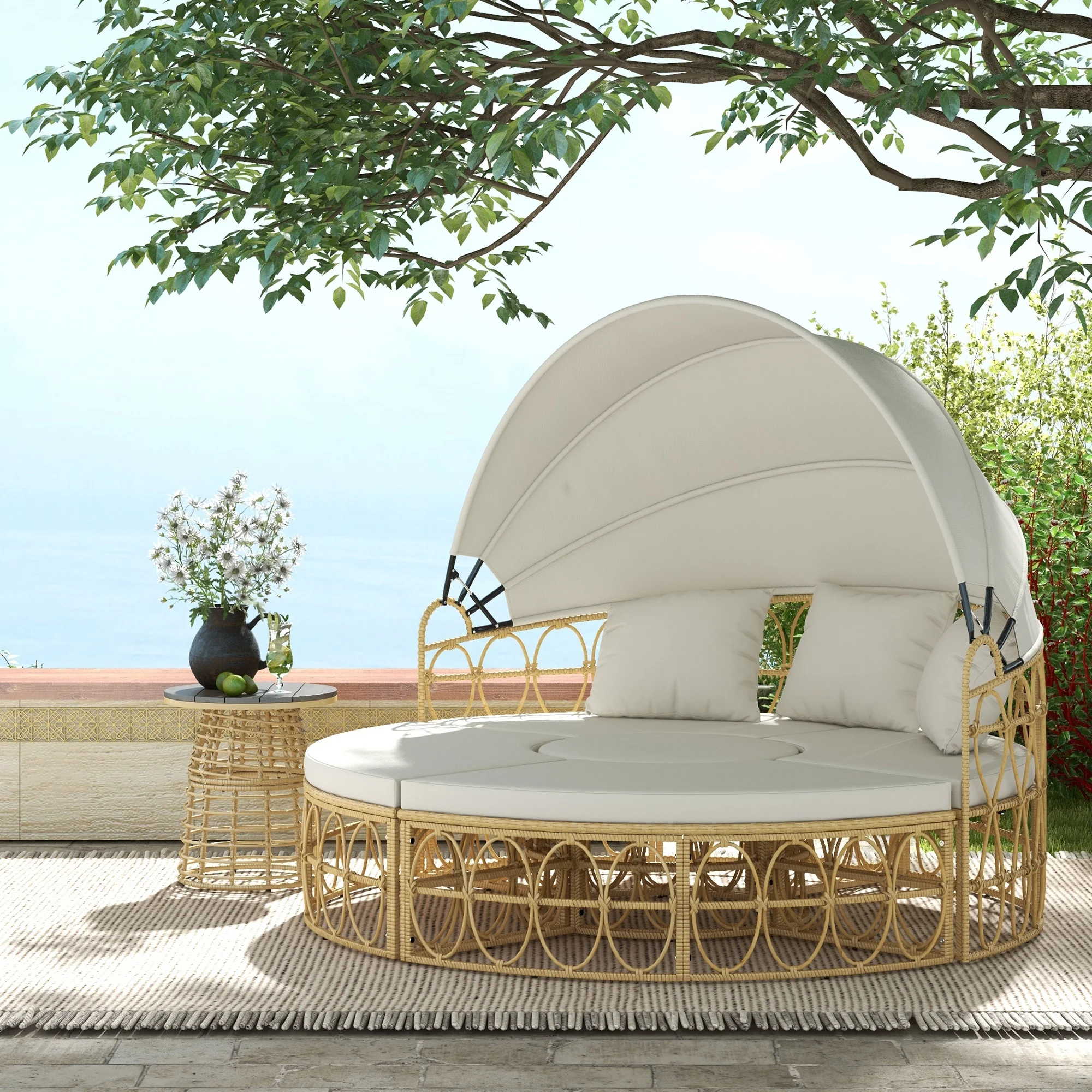 Outsunny Patio Furniture Set w/ Cushions, Outdoor Daybed w/ Canopy, White