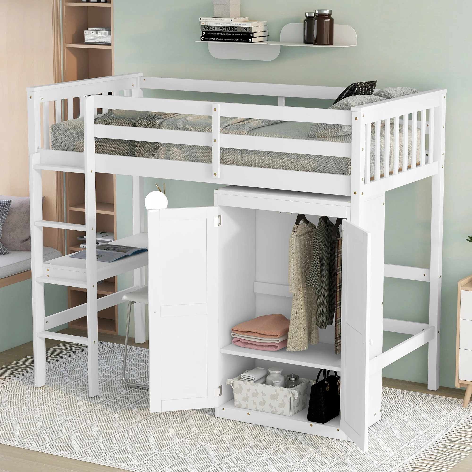 paproos Loft Bed with Storage, Wooden Twin Size Loft Bed Frame with Desk and Wardrobe, Space Saving, Twin Wood Loft Bed for Kids Teens Adults, White