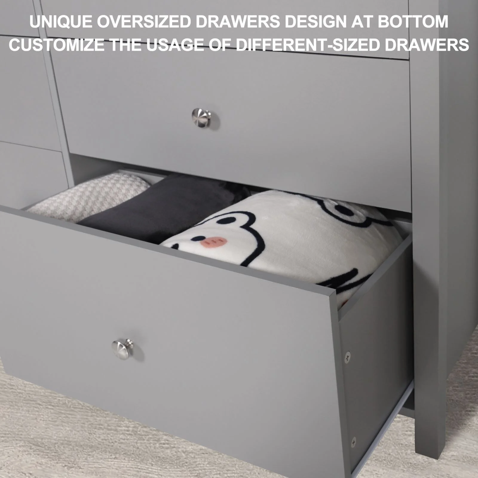 VEIKOUS 6-Drawer Dresser Chest of Drawers Long Storage Dresser,with replaceable knob Grey - 6-drawer