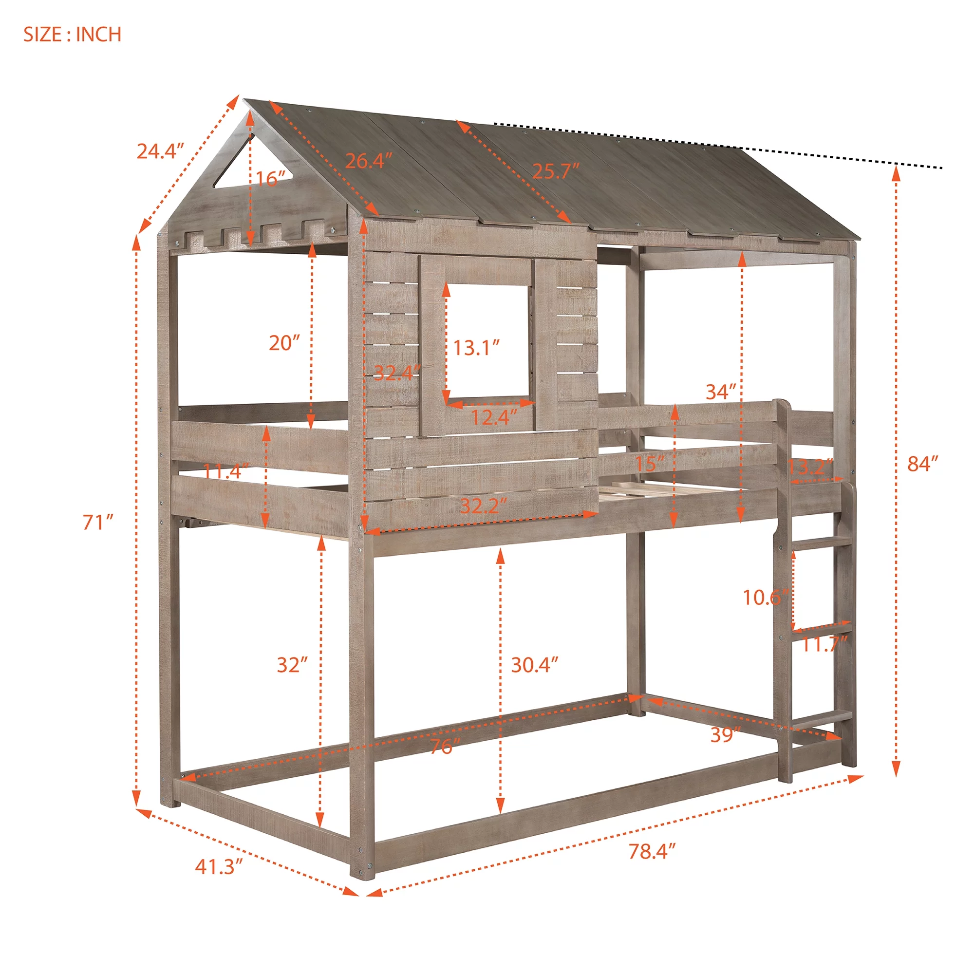 Antique Gray Twin Over Twin Wood Bunk Bed with Roof, Window, Guardrail, Ladder