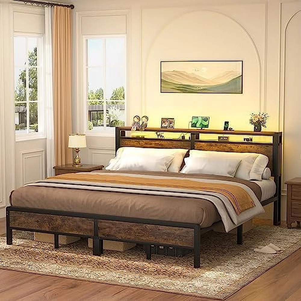 KHBIULIFE Queen Size Bed Frame with Charging Station and Led Lights  Industrial Metal Platform Bed with  Headboard  Steel Slat Support  No Box Spring Needed  Noise-Free  Easy Assembly  Bl