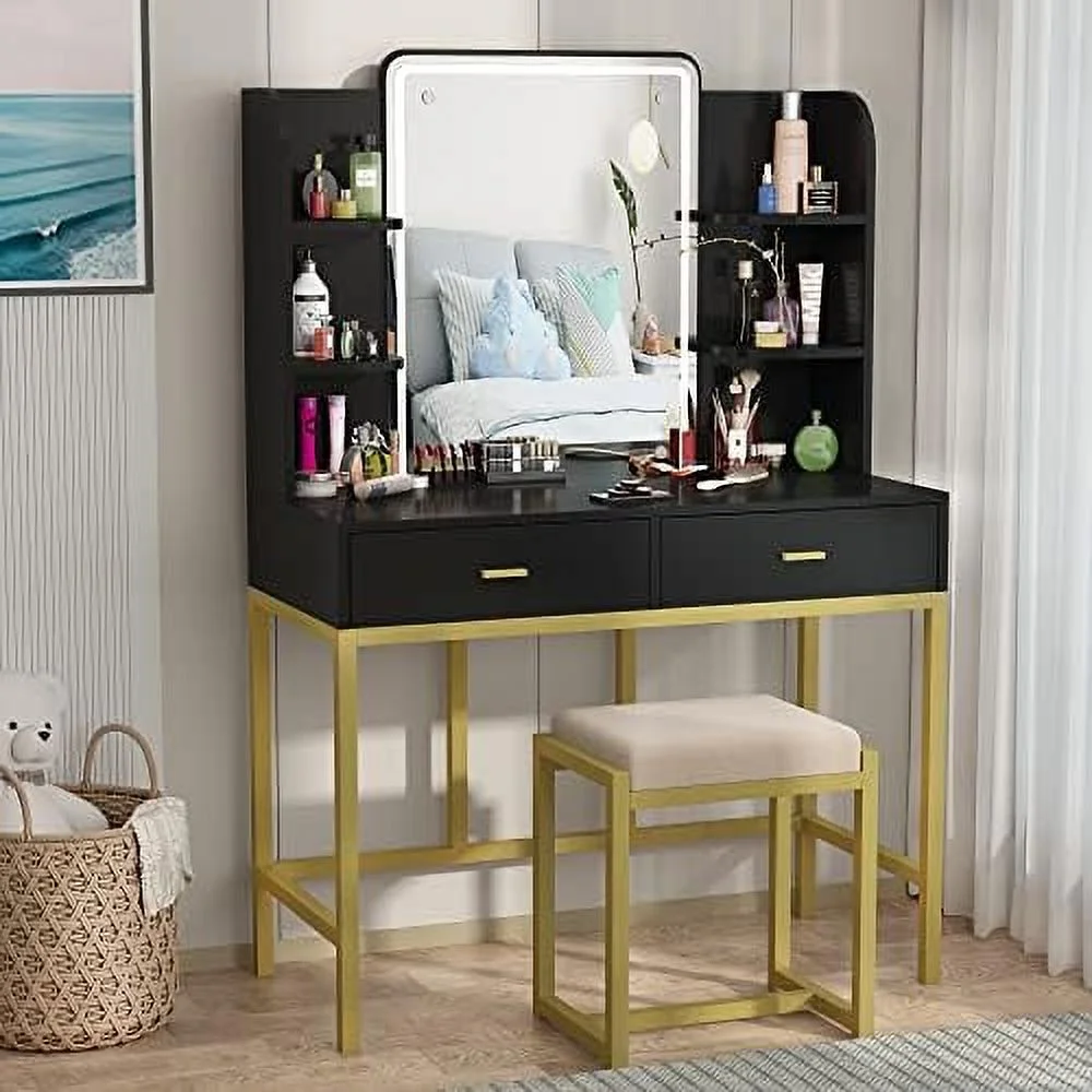NLIBOOMLife Vanity Set with Lighted Mirror Vanity Dressing Table with LED Lights Shelves Cushioned Stool & 2 Drawers Dresser Desk for Bedroom Black