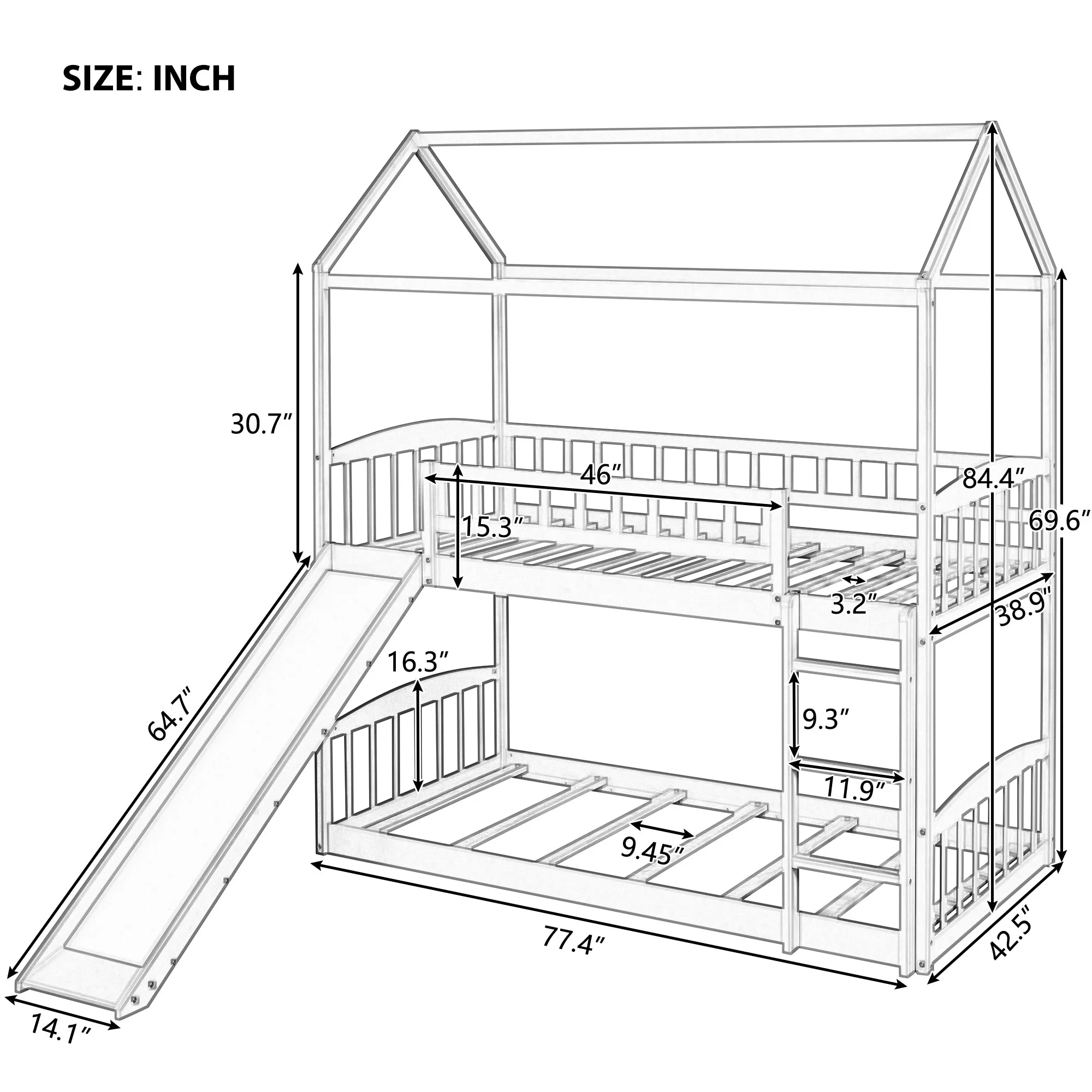Gray Twin Over Twin House Bunk Bed with Slide