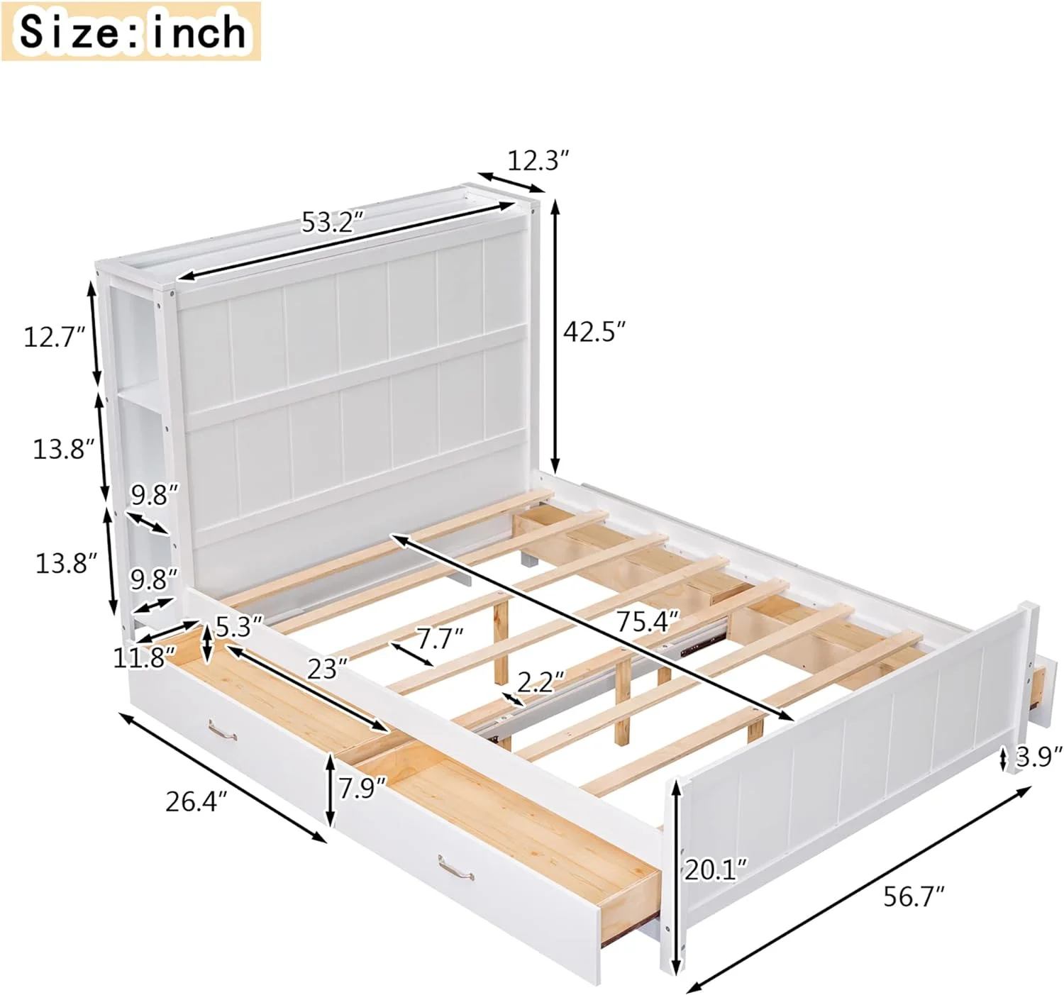 Full Size Bed With Bookcase Headboard Ad Storage Drawers, Solid Wood Platform Bed Frame, o Box Sprig eeded, For Kids Tees Adults, White