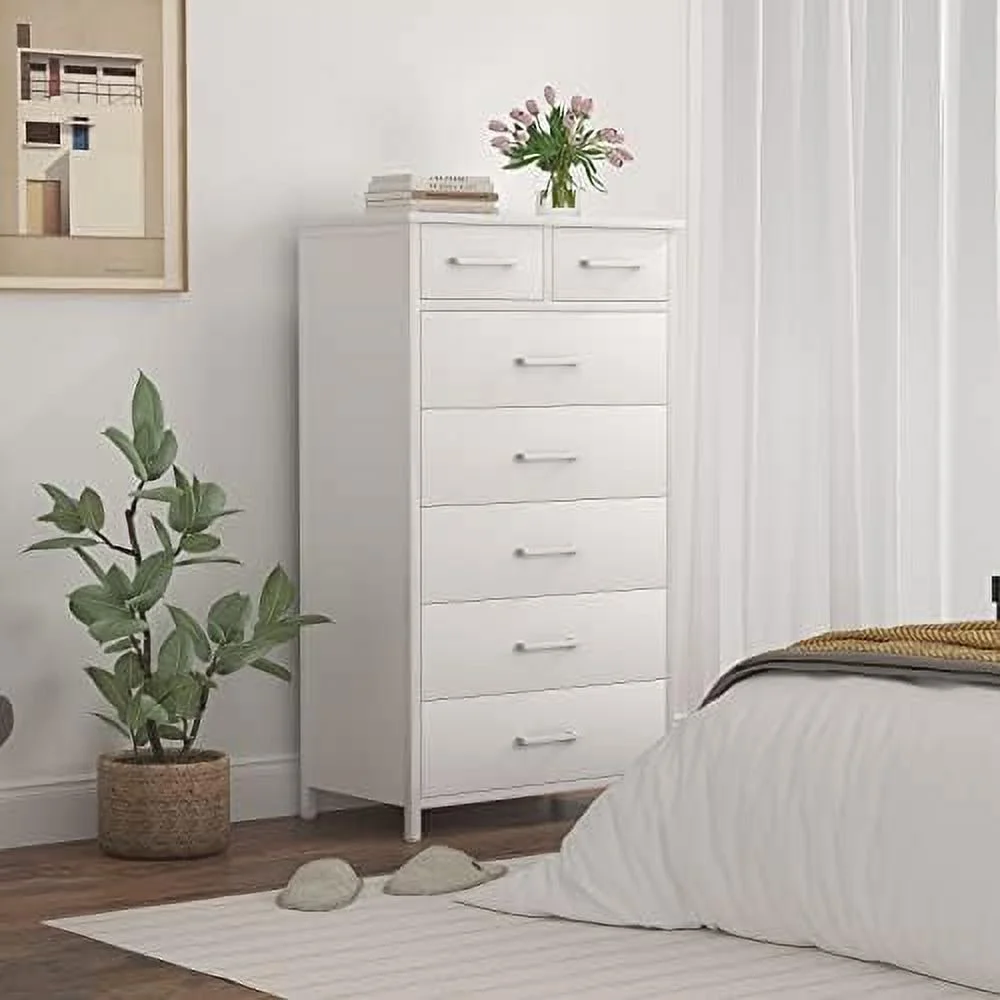 7 Drawer White Dresser Industrial Wood Dresser for Bedroom Sturdy Steel Frame Dresser for Bedroom