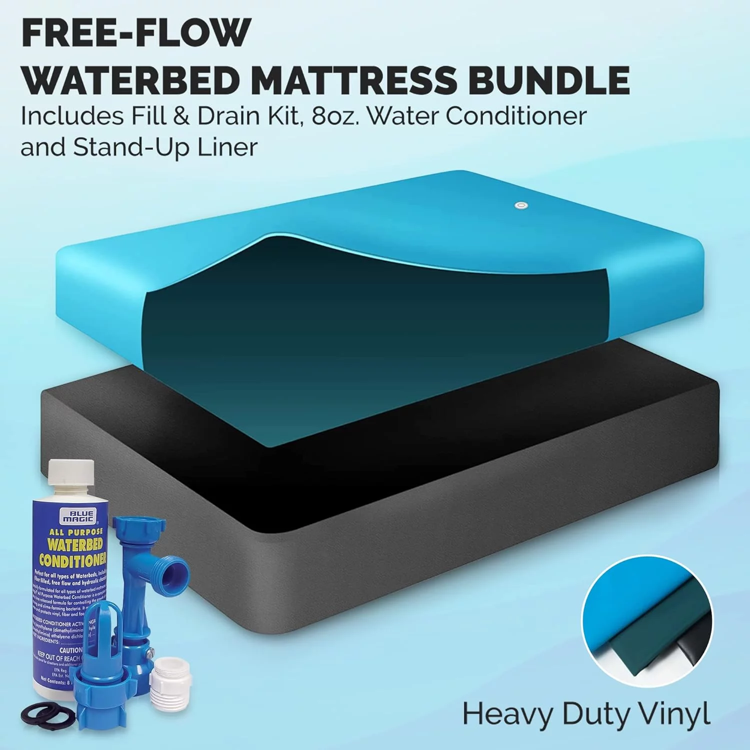 Store Free-Flow, Waterbed Hardside Mattress Bundle, Includes Fill & Drain Kit, 8Oz. Water Conditioner And Stand-Up Liner, Heavy Duty Vinyl, 60