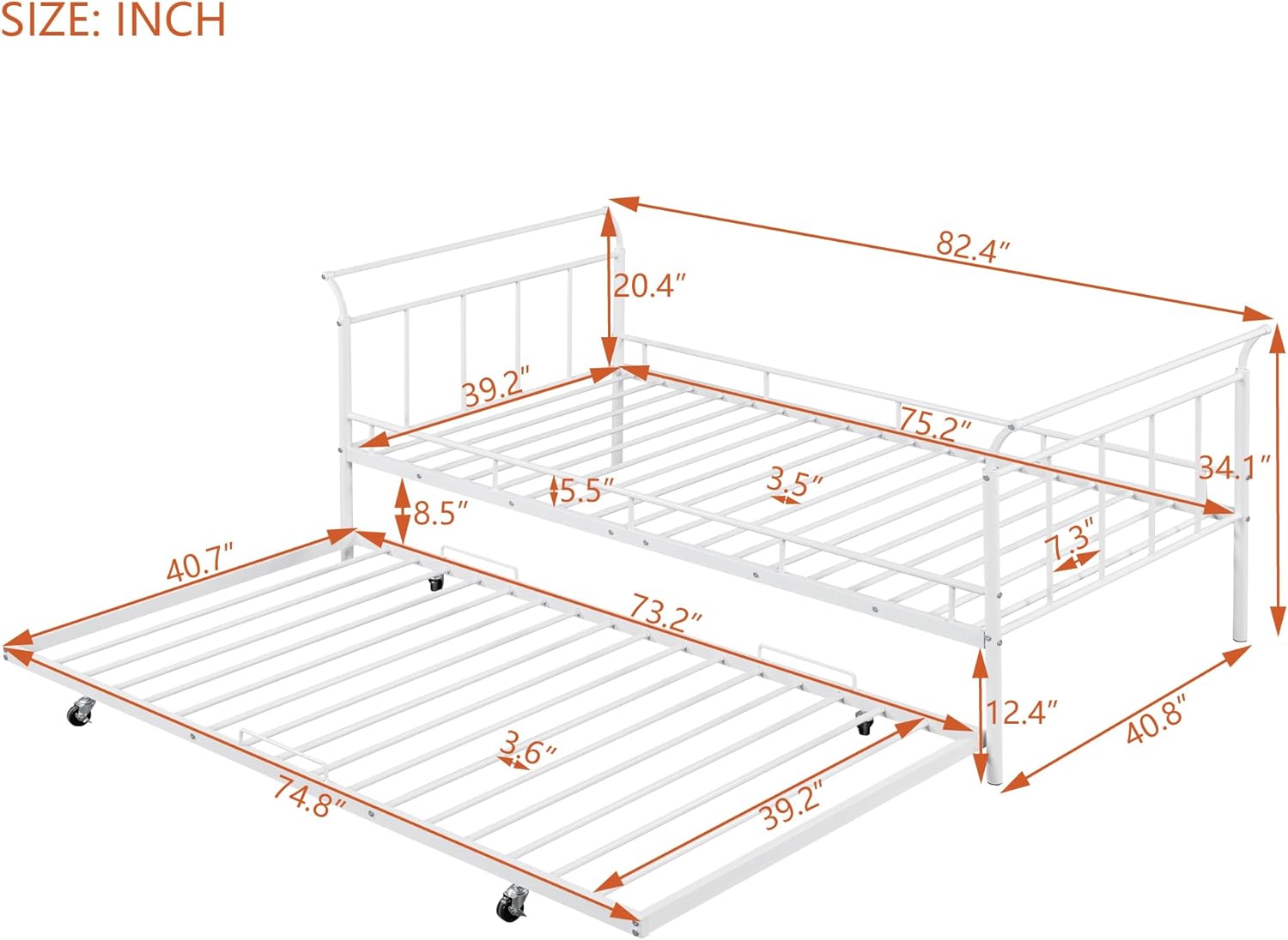 Twin Size Metal Daybed with Curved Handle Design and Twin Size Trundle, Sturdy Bed Frame, Heavy Duty Metal Slat, No Box Spring Needed, Easy Assembly