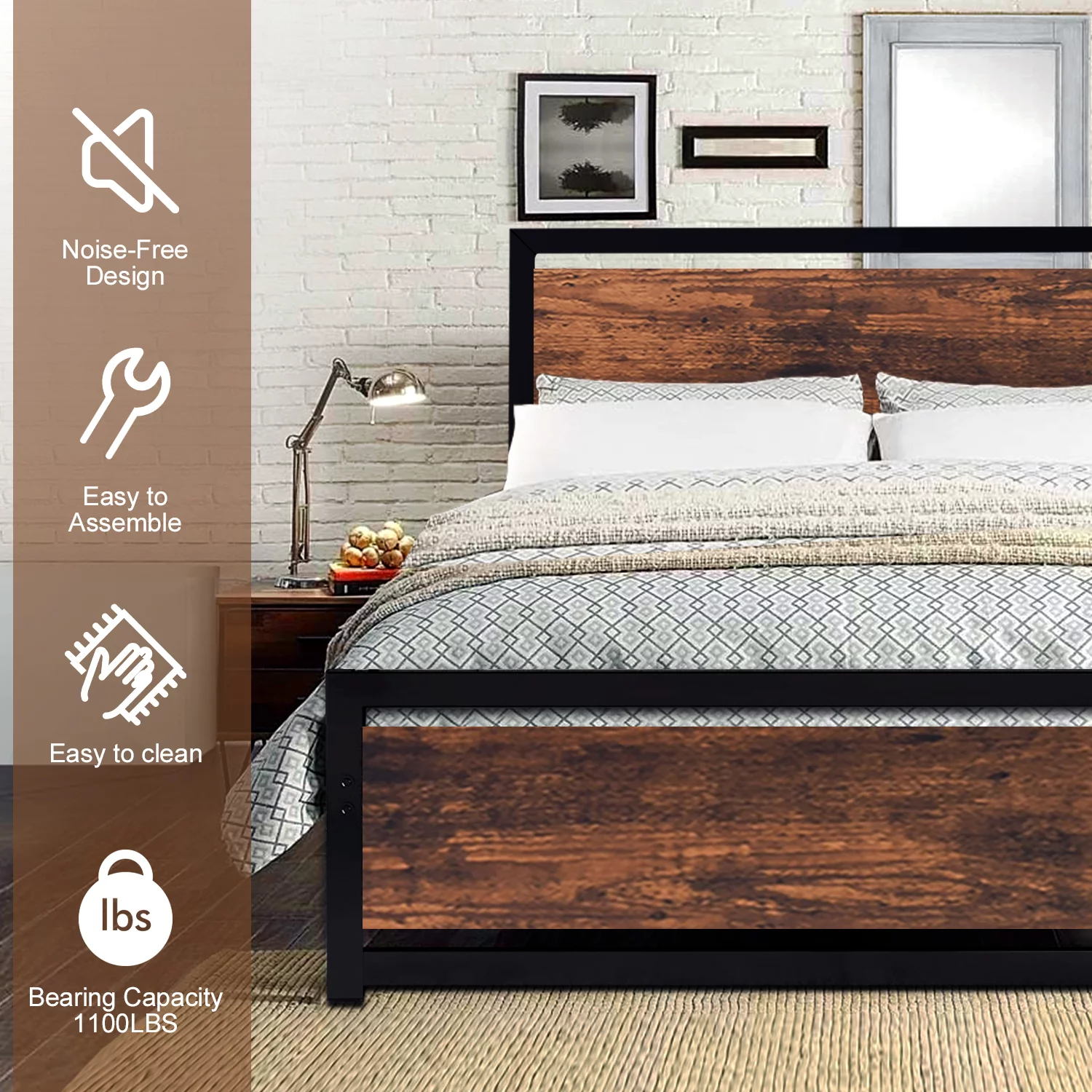 Codesfir Bed Frame with Wooden Headboard and Footboard, Industrial Metal Bed Frame with Heavy Duty Steel Slat Supports Foundation, No Box Spring Needed, Non-Slip, Noise Free (King size- Vintage Brown)