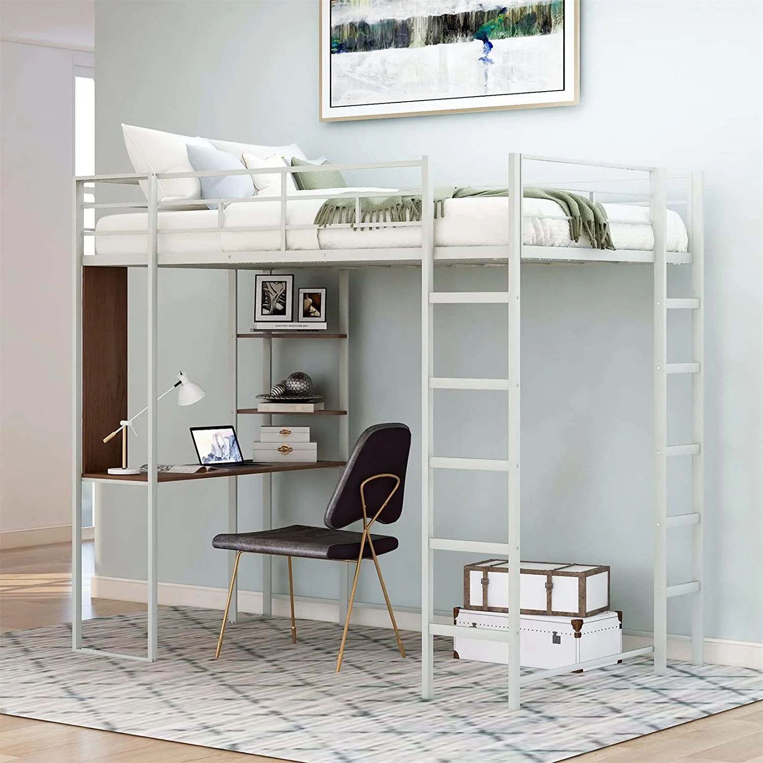 Metal Loft Bed Studio Loft Bunk Bed Over Desk And Bookcase With 2 Ladders, Loft Bed For Dorm,Boys And Girls Teens Kids, Silver