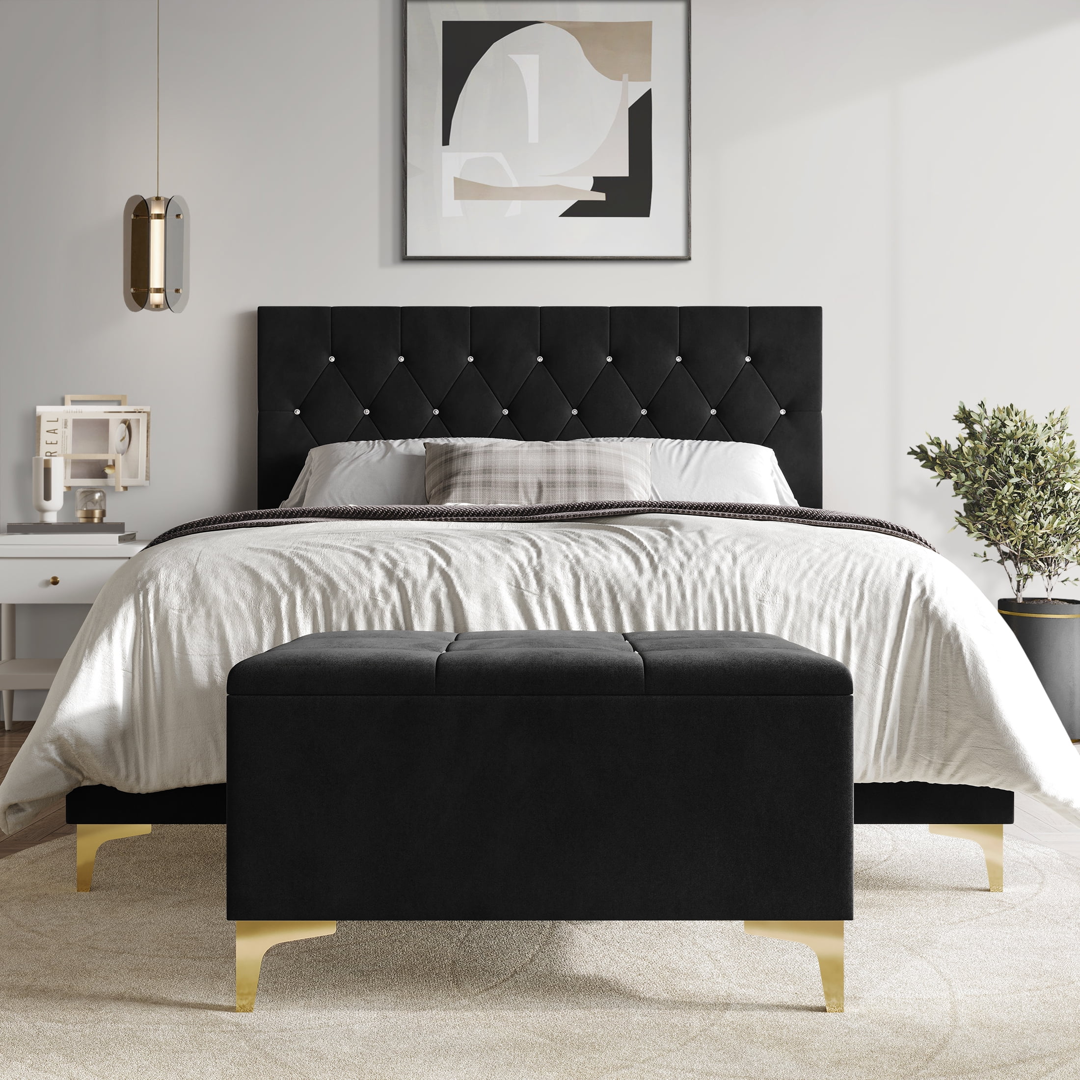 Castle Place Contemporary Crystal Queen Size Velvet Upholstered Bed with Storage Bench, Black