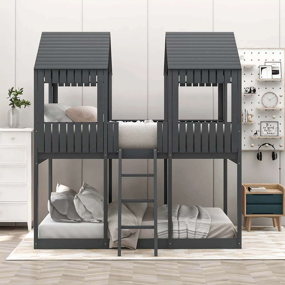 MERAX  Full over Full Wood Tower Bunk Bed with Roof Grey