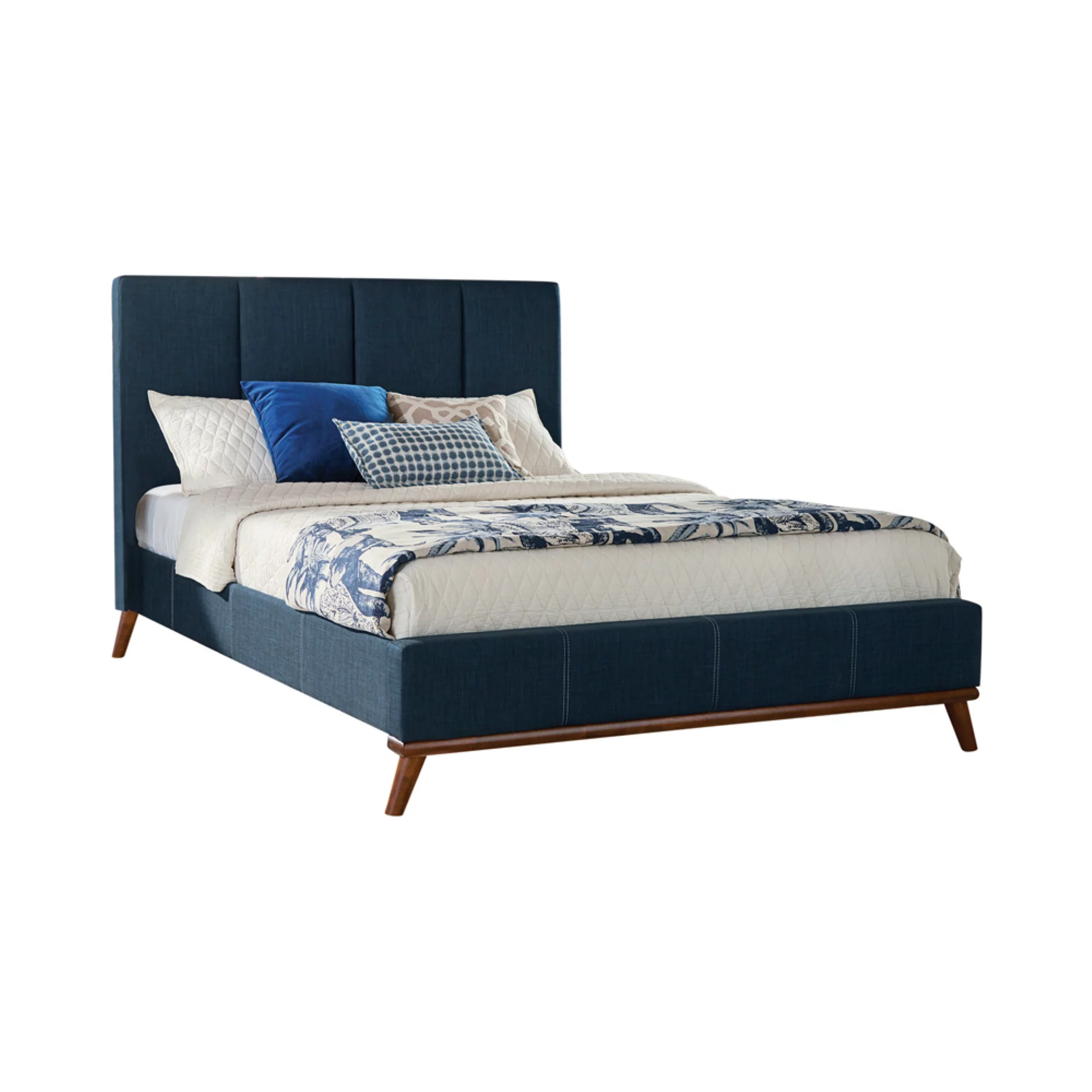 Fabric Upholstered Eastern King Bed with Vertical Stitched Details, Blue