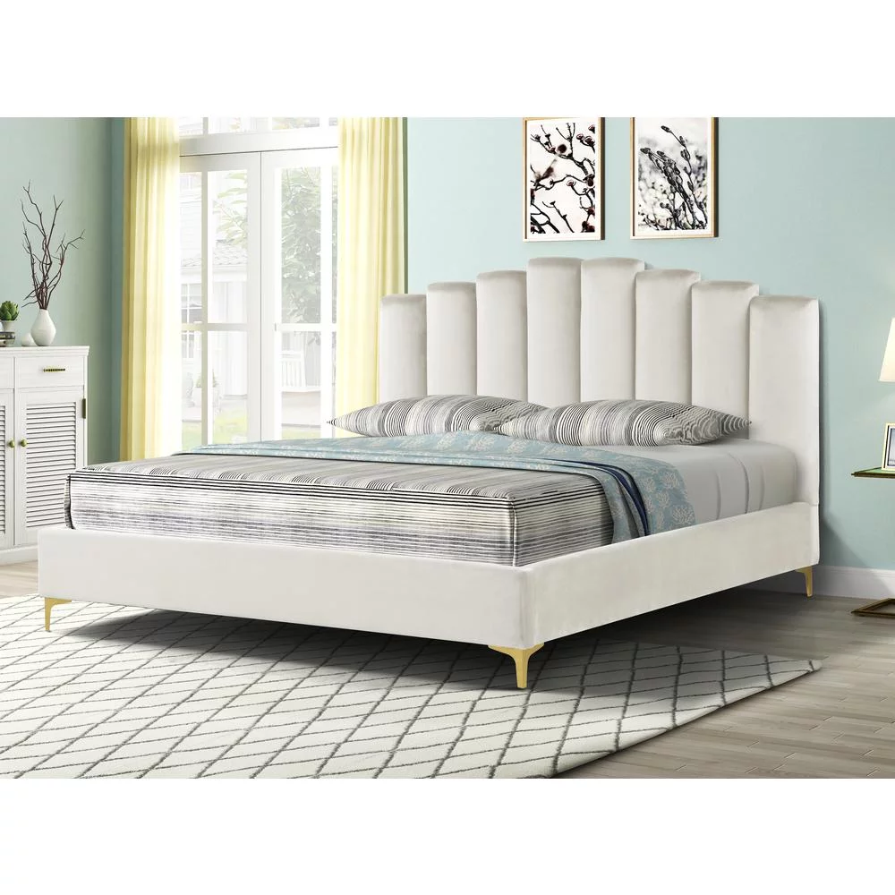 Best Master Barrington Ivory Velvet California King Platform Bed with Gold Legs