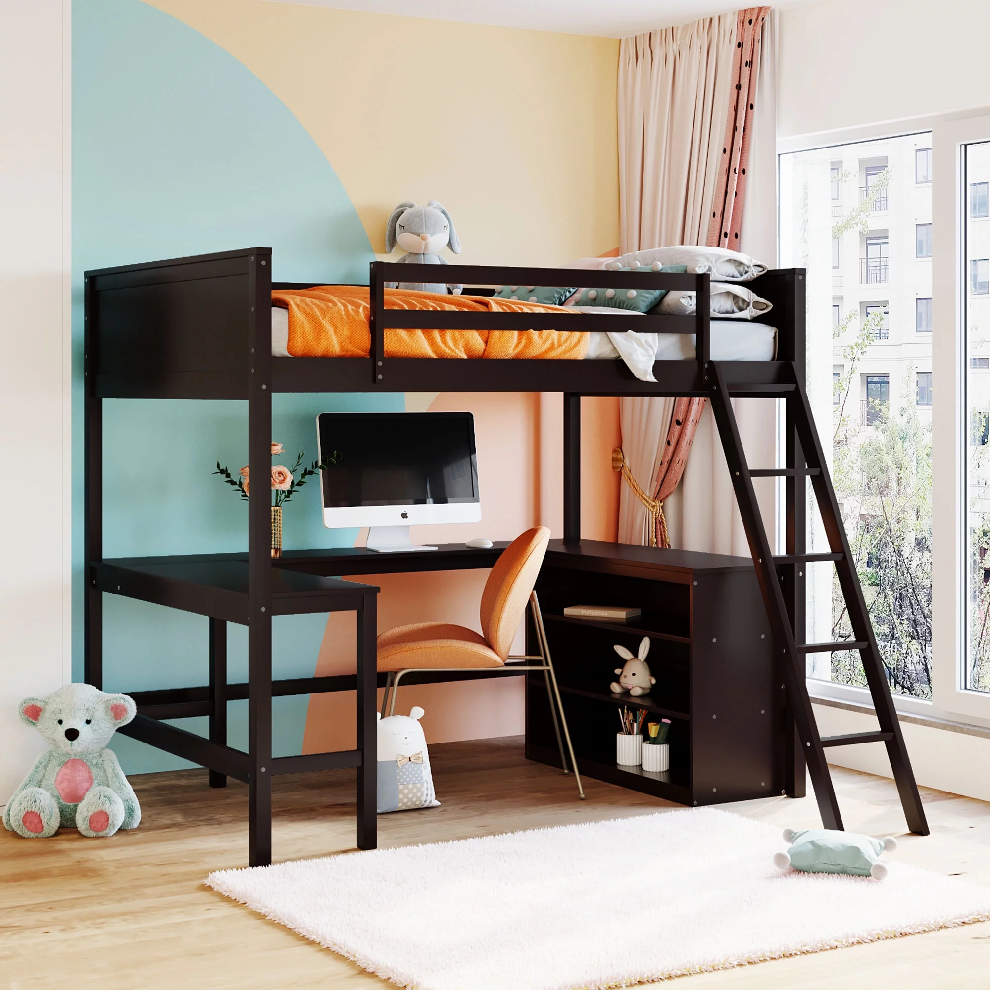 ikayaa Full size Loft Bed with Shelves and Desk, Wooden Loft Bed with Desk - Espresso