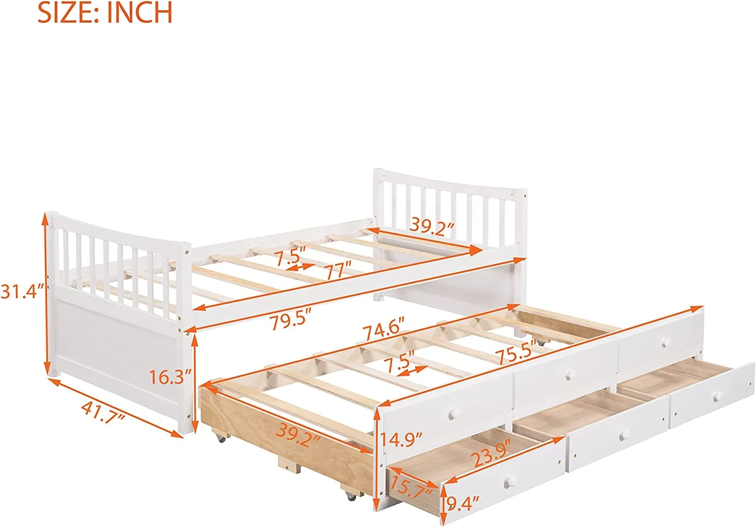 Bed Storage Daybed With Trundle And Drawers, Wood Bed Frame For Kids Guests ( Size, White)