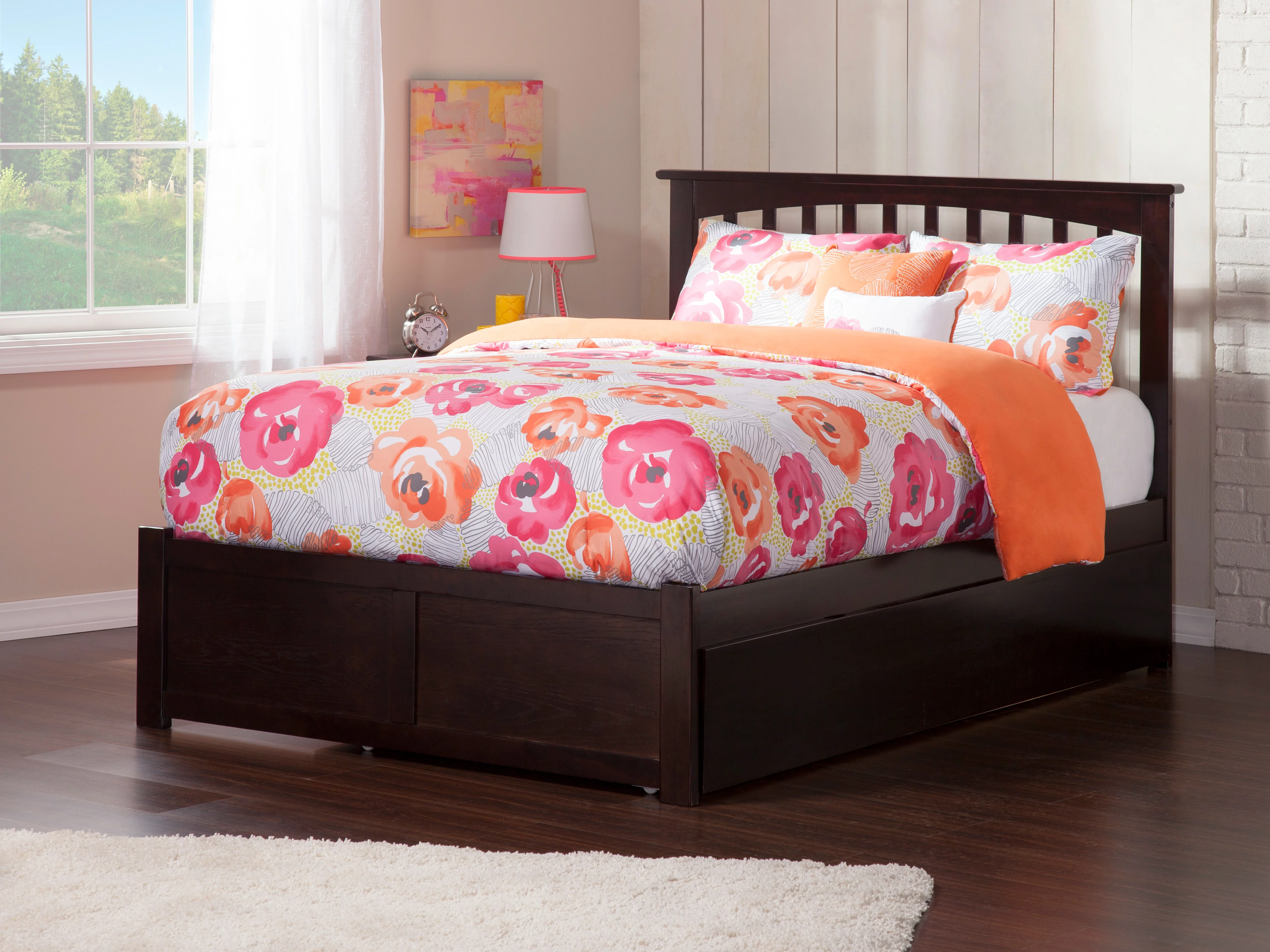 Mission Full Platform Bed with Flat Panel Foot Board and Full Size Urban Trundle Bed in Espresso