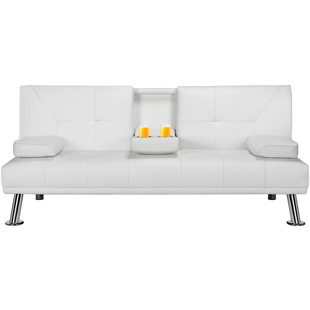 Easyfashion LuxuryGoods Modern Faux Leather Futon with Cupholders and Pillows, White