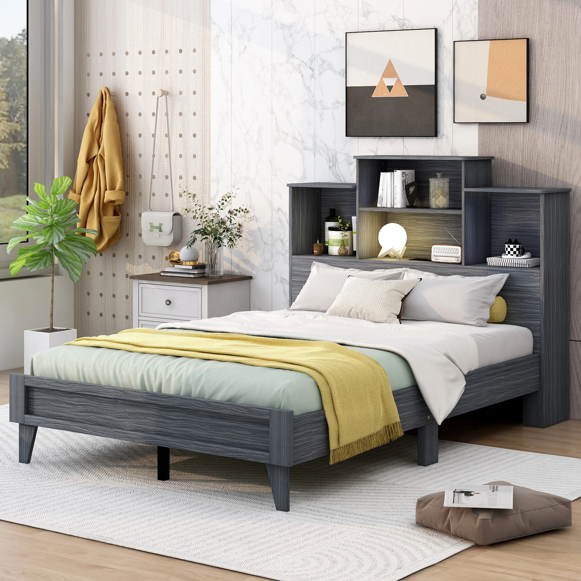 Churanty Full Size Platform Bed with Storage Headboard and USB Charging,Wood Platform Bed with 4 Open Shelves,Gray