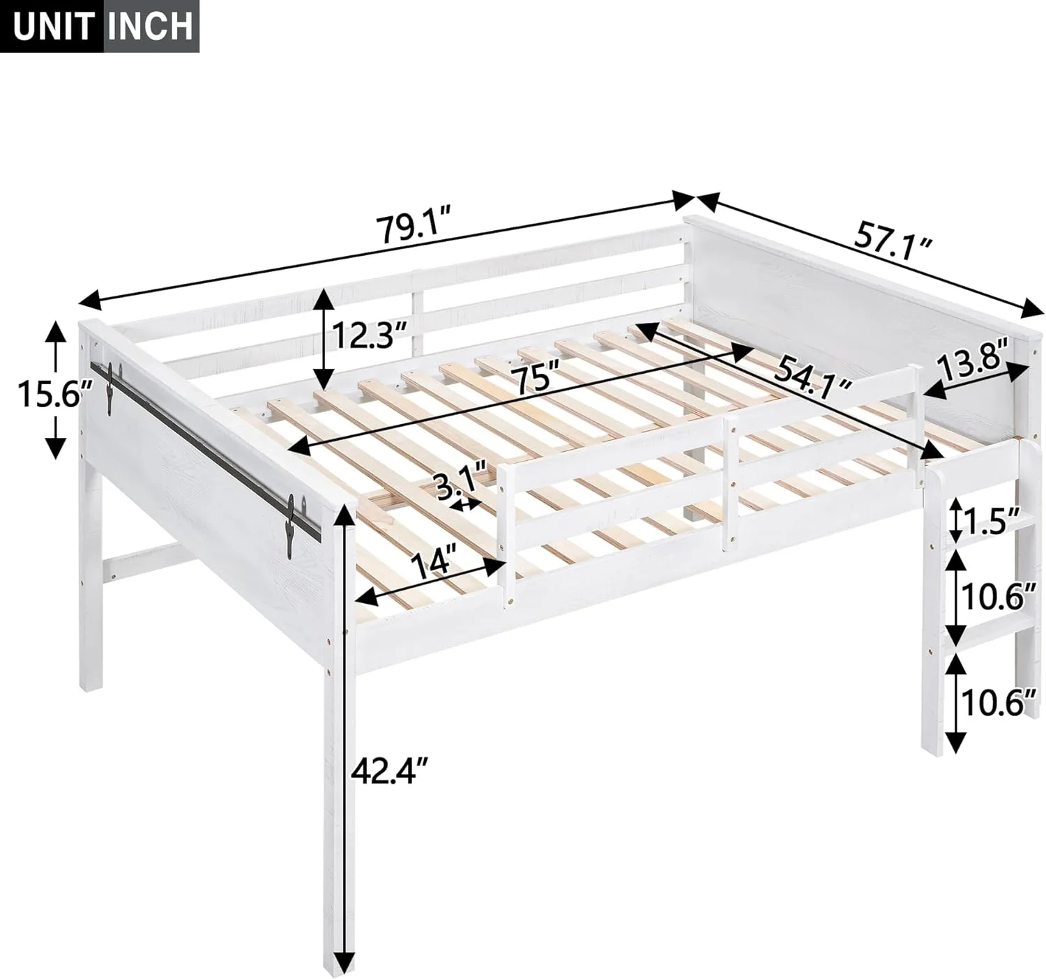 Low Lof Bed Full Size, Full Lof Bed Frame Wih Hagig Clohes Racks,Ladder Ad Safey Guardrails, Wood Lof Bed Full For Kids, Girls Boys, Whie