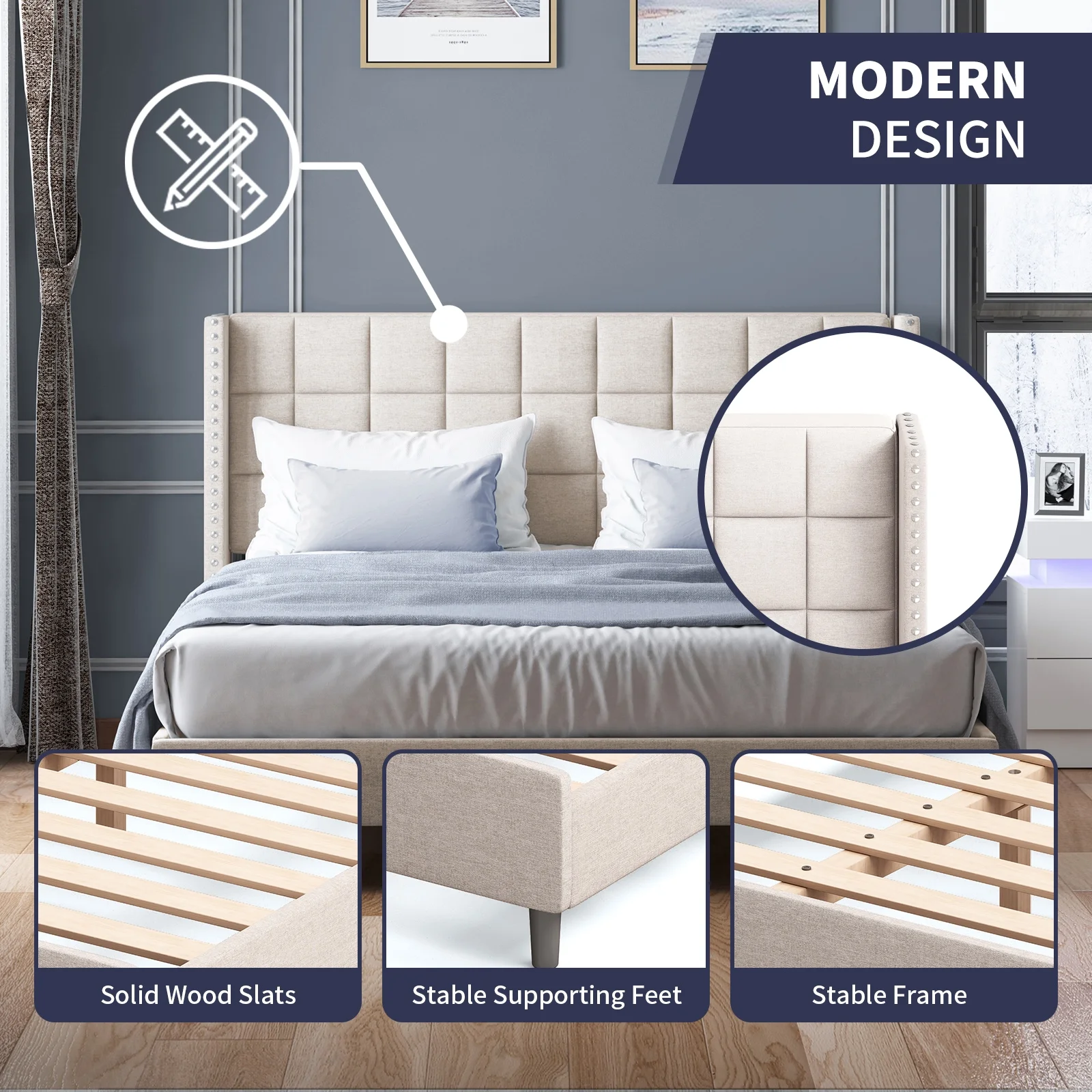 ijuicy Bed Frame with Wingback Headboard, Modern Platform Bed Frame, Velvet Bedframe Queen Size, Bedroom Furniture with Two Rows of Rivet Design(Beige)