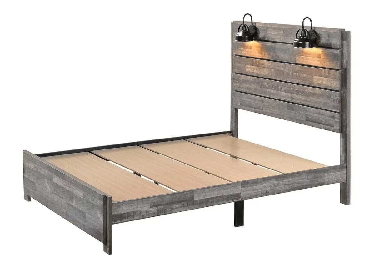 Contemporary Rustic Gray Finish 1Pc Built in Sconce Lamps Light Platform King Size Bed Wooden Bedroom Furniture