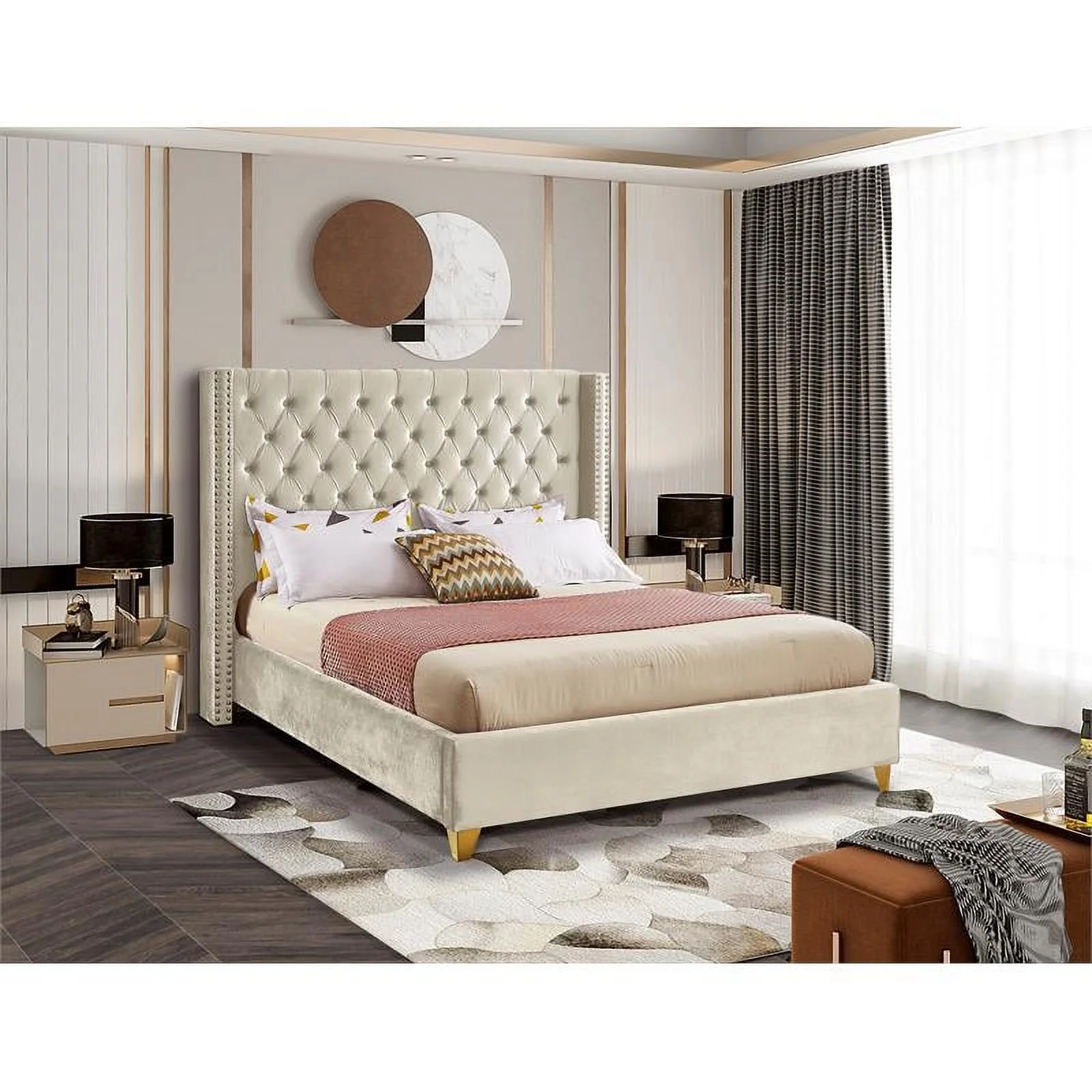 Maklaine Modern Velvet Fabric Upholstered Deep Tufted Queen Bed in Cream