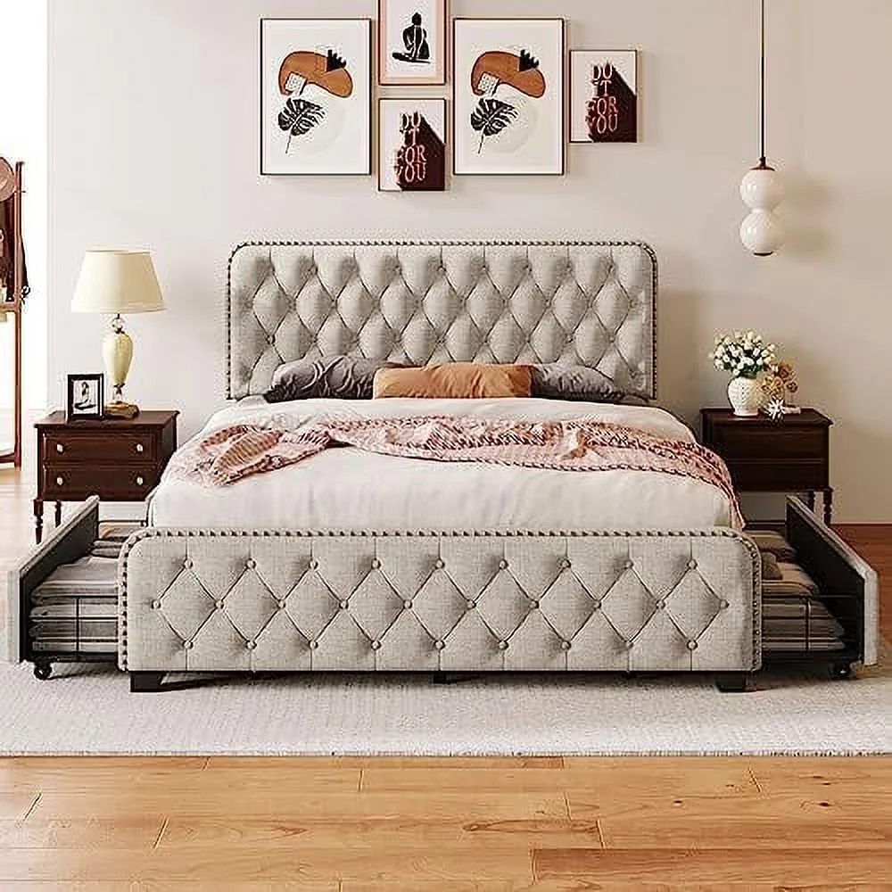 Upholstered Queen Size Platform Bed With 4 Drawers, Metal Bed Frame With Button Tufted Headboard And Footboard, Nailhead Trim, Beige