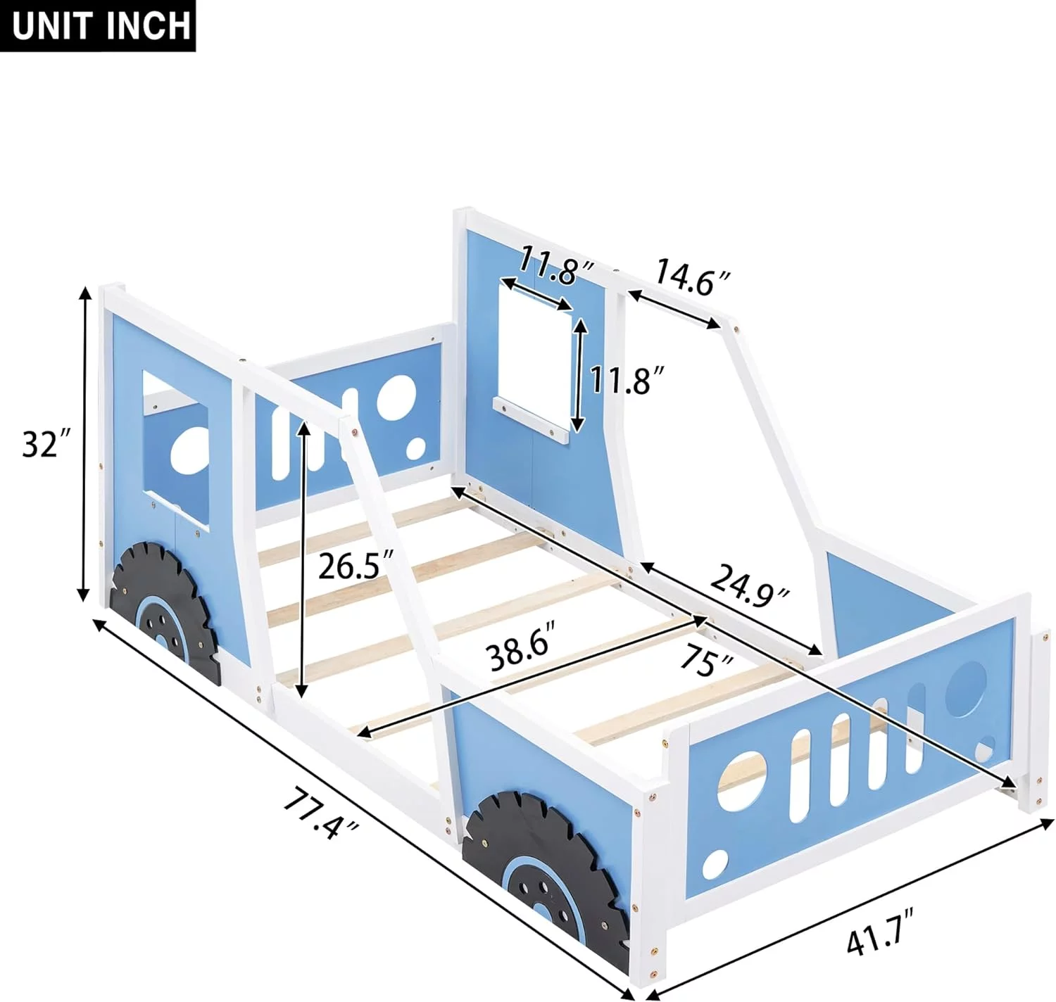 Platform Bed, Size Classic Car-Shaped Wooden Platform Bed With Wheels/Headboard/Footboard/Doors/Windows, Blue