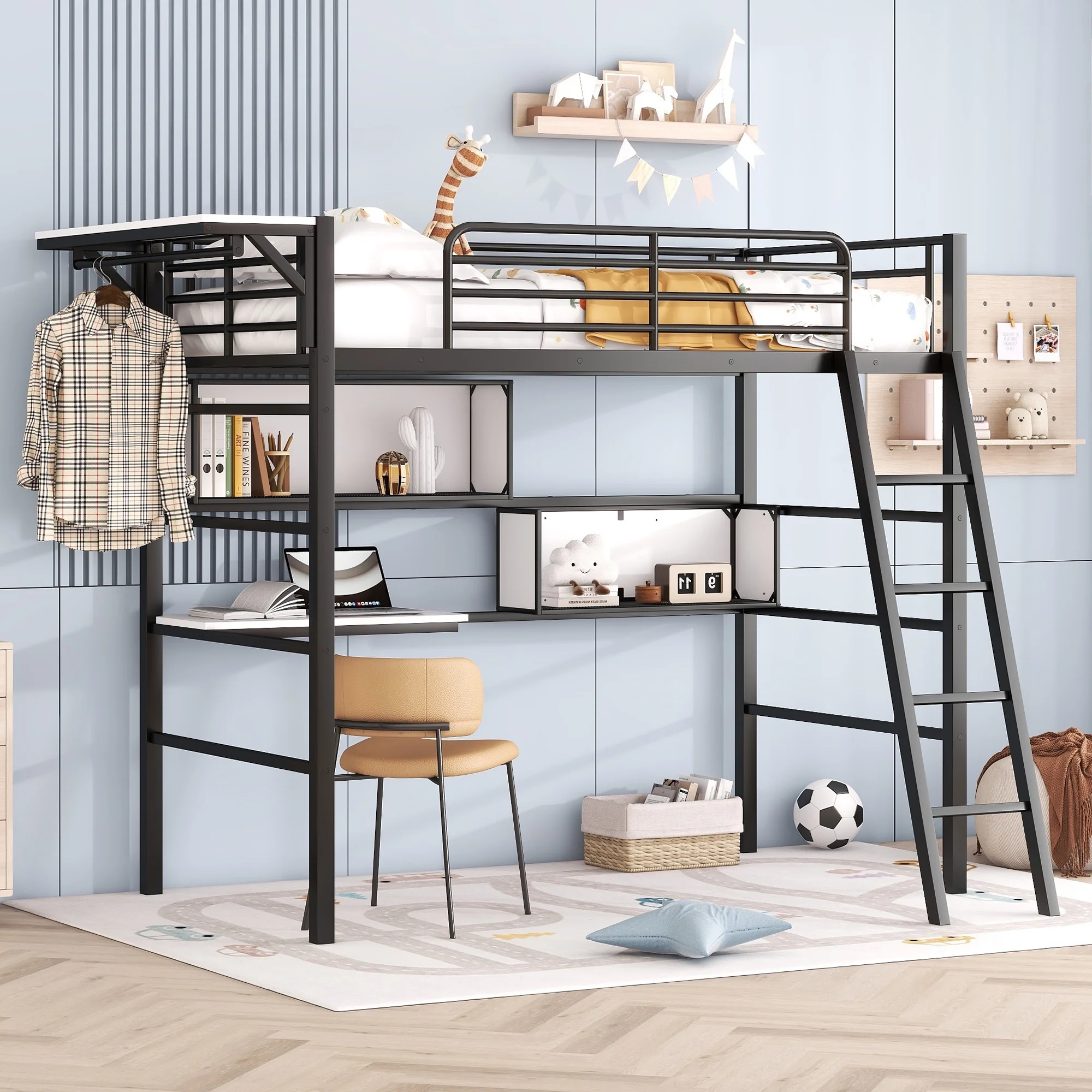 Euroco Metal Twin Size Loft Bed with Desk, Shelf and Clothes Hanger, Desktop for Storage, Black & White