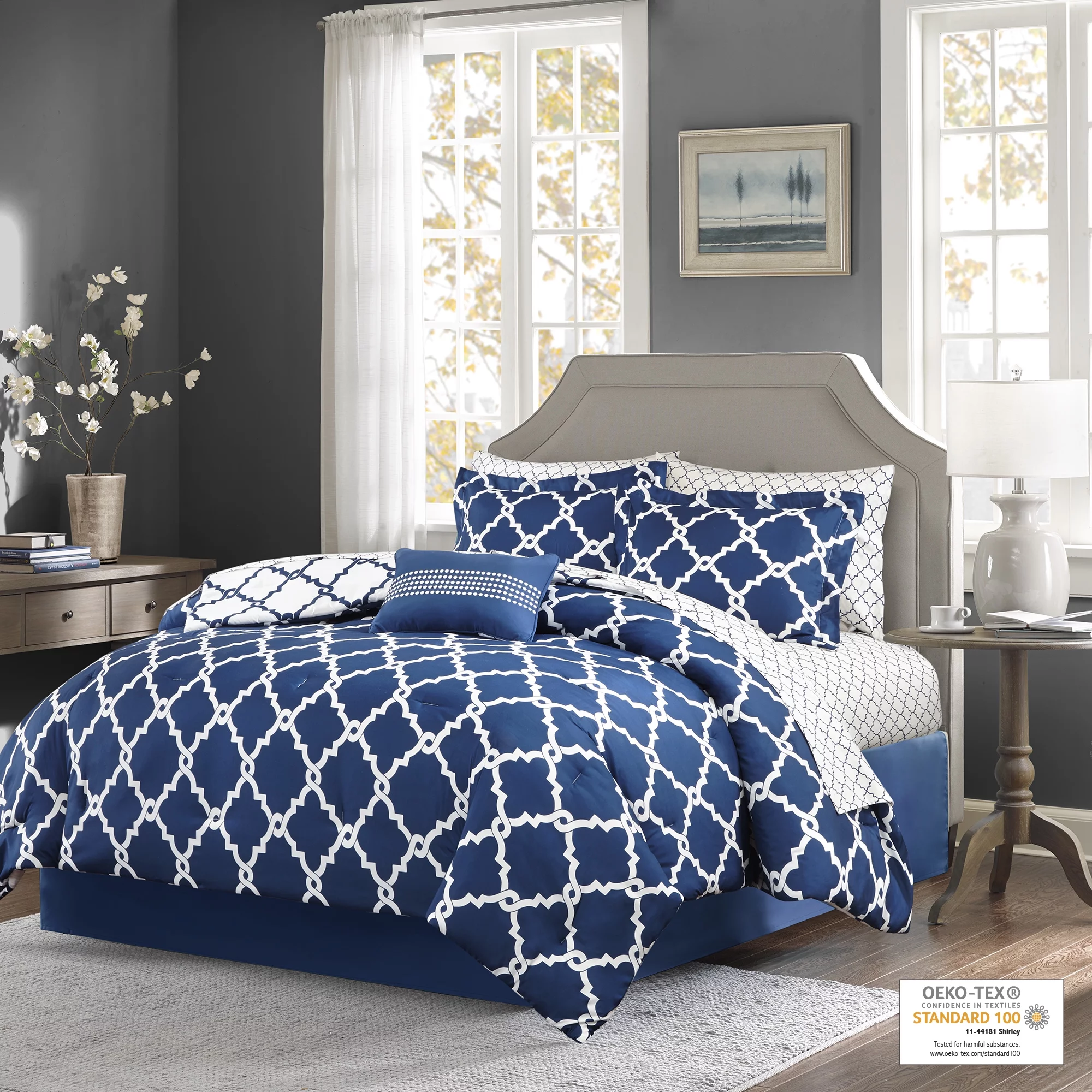 Home Essence Navy 7 Piece Bed in a Bag Comforter Set with Sheets, Twin-XL