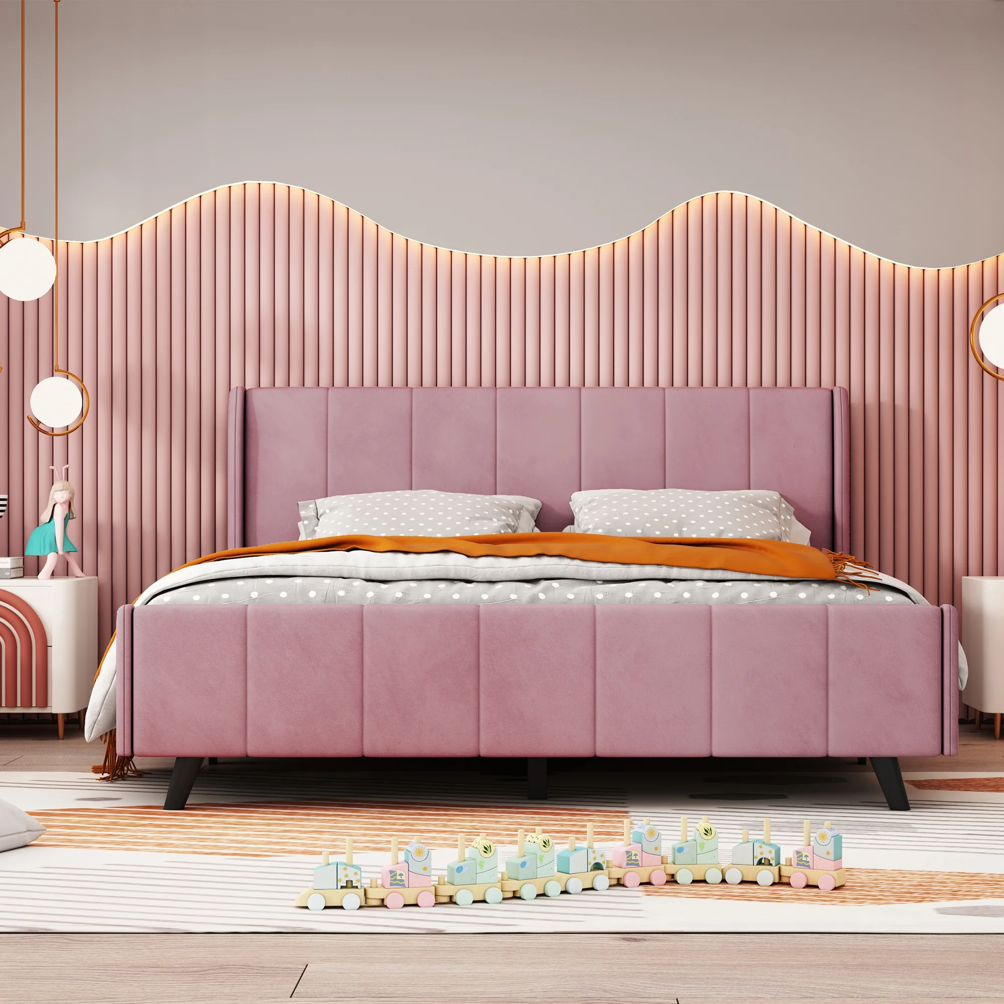 Velvet Queen Bed Frame Upholstered Platform Bed for a Luxurious and Elegant Bedroom Upgrade-Pink
