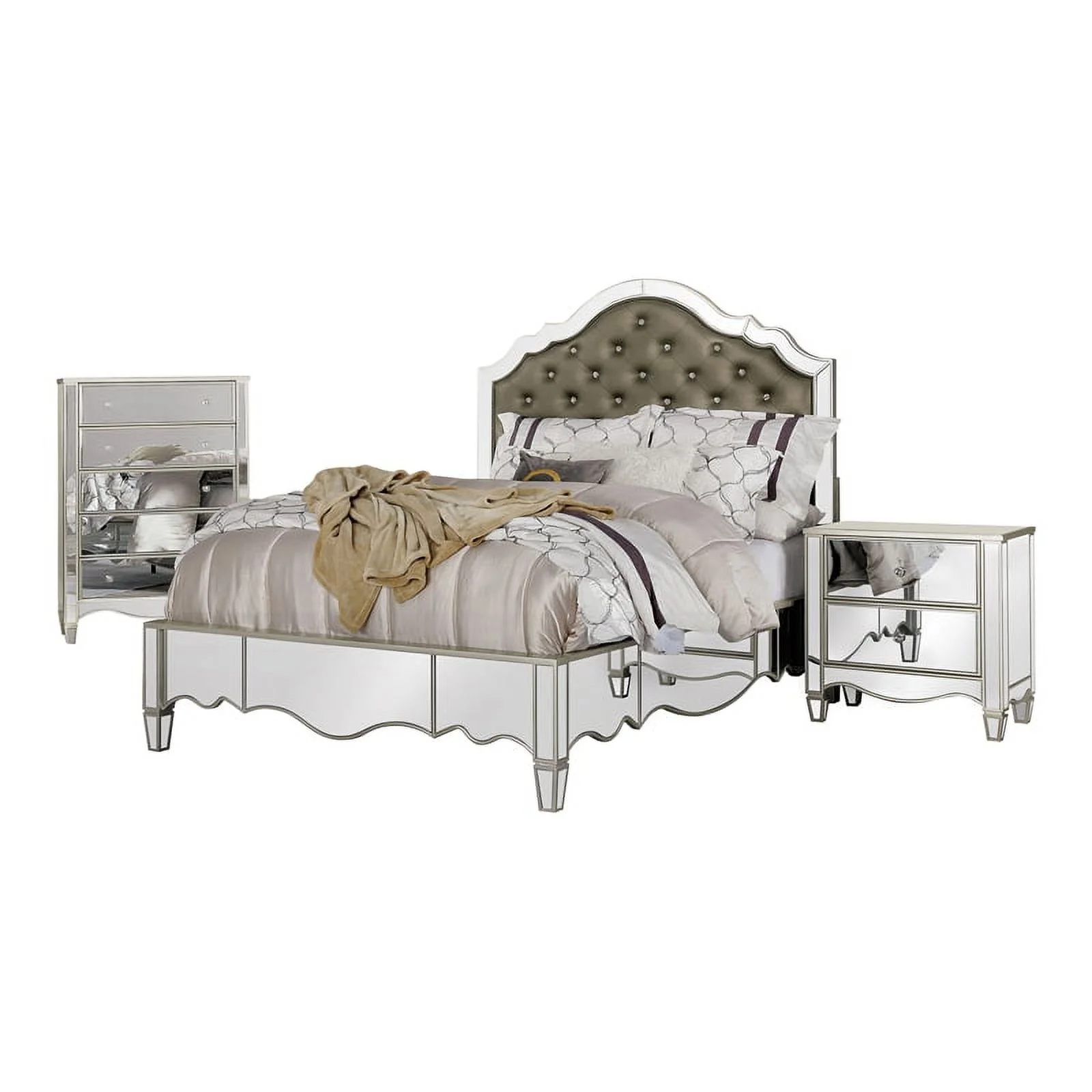 FOA Gavvi Glam 3-Piece Silver Wood Bedroom Set - Cal King + Nightstand + Chest